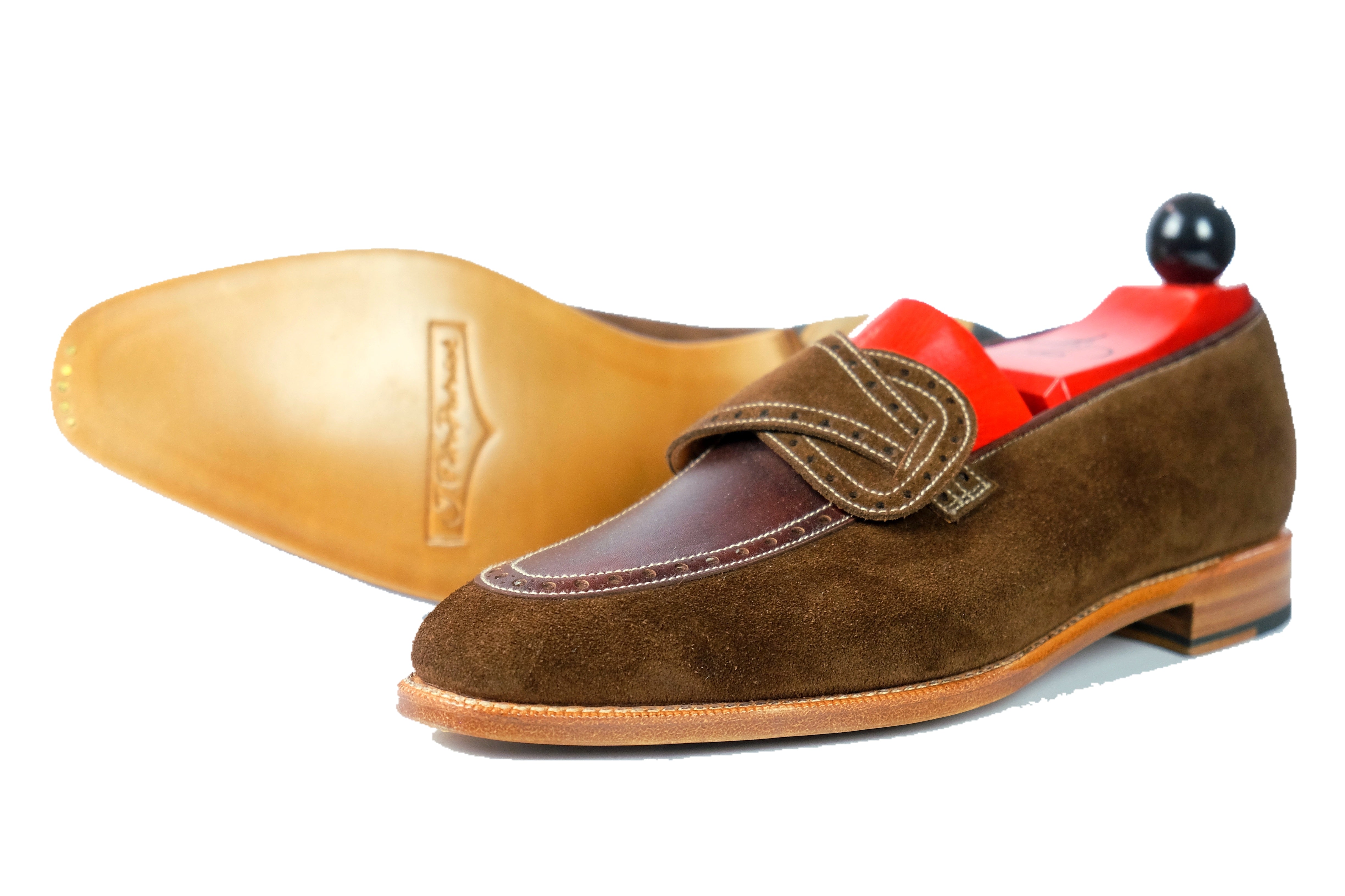 Kennewick - MTO - Dark Brown Suede / Dark Brown Museum Calf - MGF Last - Single Leather Sole-Made To Order Butterfly Loafer Brogue-J.FitzPatrick Footwear