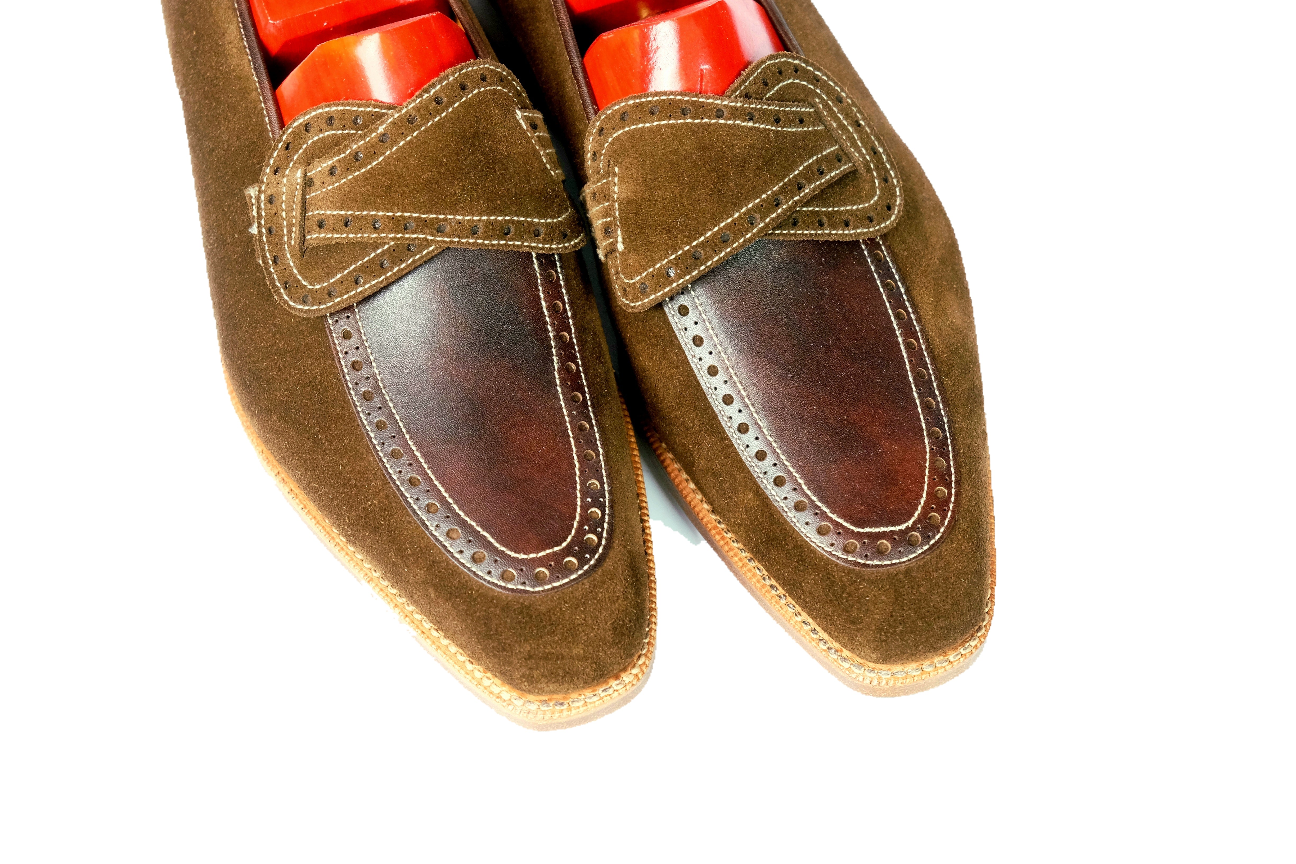 Kennewick - MTO - Dark Brown Suede / Dark Brown Museum Calf - MGF Last - Single Leather Sole-Made To Order Butterfly Loafer Brogue-J.FitzPatrick Footwear