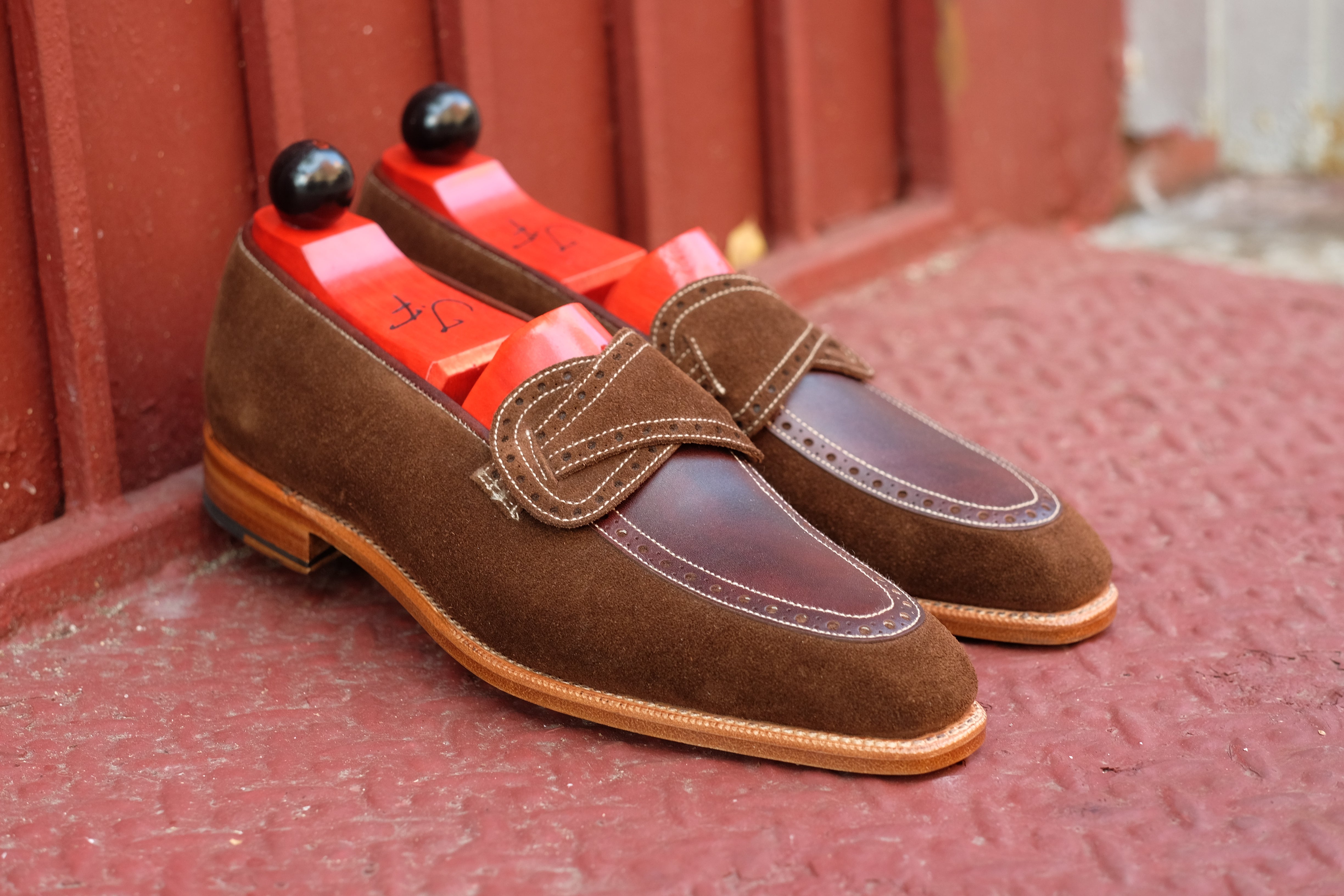 Kennewick - MTO - Dark Brown Suede / Dark Brown Museum Calf - MGF Last - Single Leather Sole-Made To Order Butterfly Loafer Brogue-J.FitzPatrick Footwear