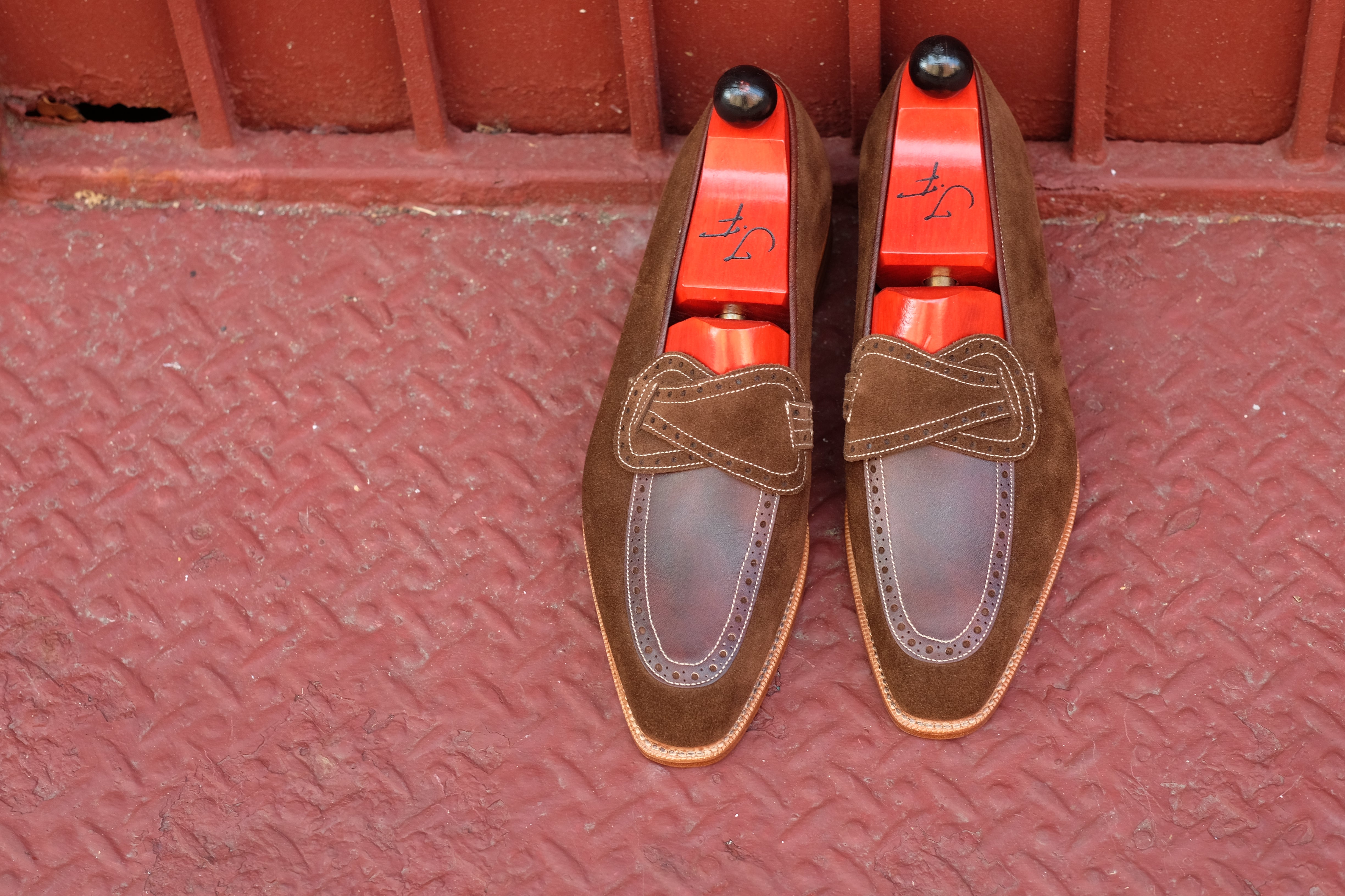 Kennewick - MTO - Dark Brown Suede / Dark Brown Museum Calf - MGF Last - Single Leather Sole-Made To Order Butterfly Loafer Brogue-J.FitzPatrick Footwear