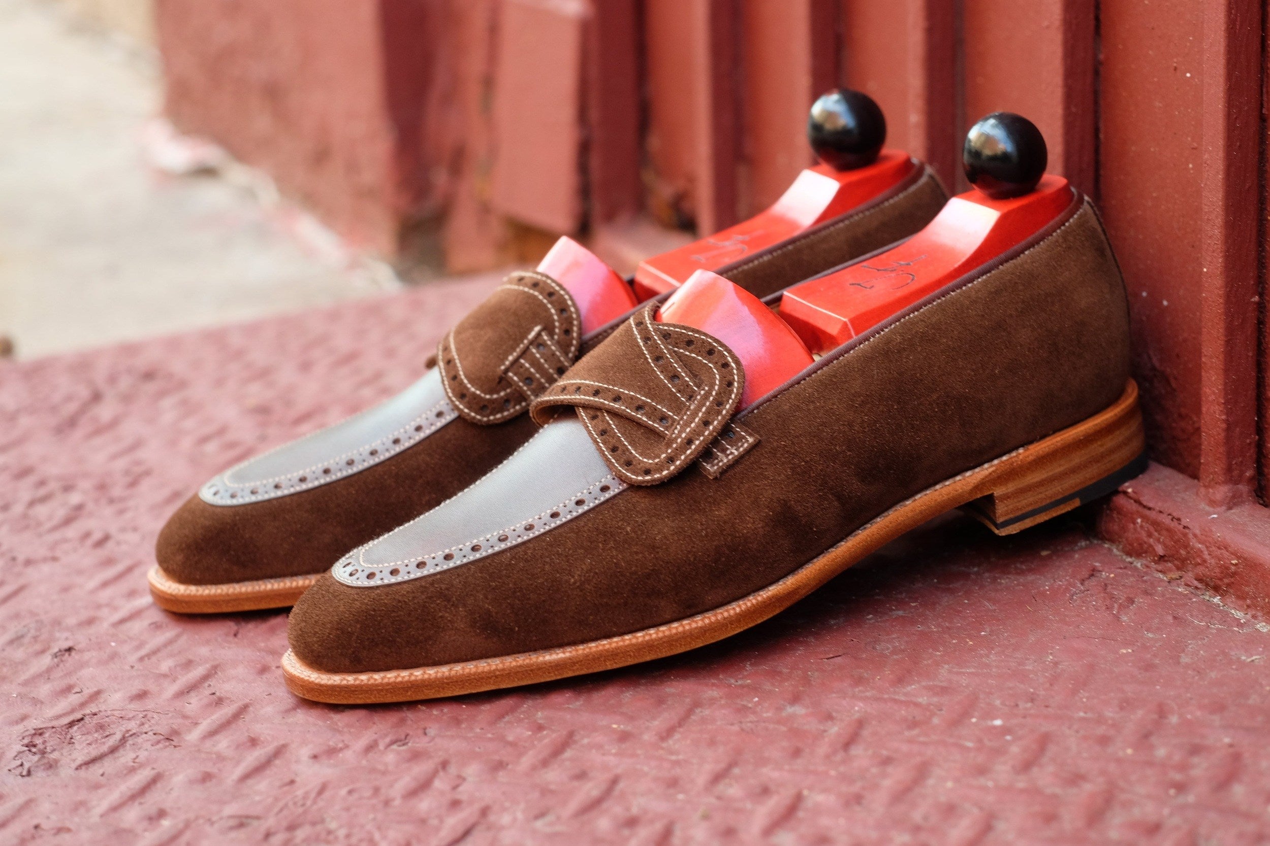 Kennewick - MTO - Dark Brown Suede / Dark Brown Museum Calf - MGF Last - Single Leather Sole-Made To Order Butterfly Loafer Brogue-J.FitzPatrick Footwear