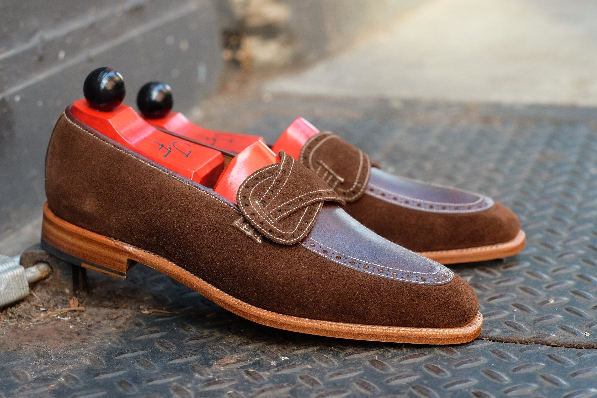 Kennewick - MTO - Dark Brown Suede / Dark Brown Museum Calf - MGF Last - Single Leather Sole-Made To Order Butterfly Loafer Brogue-J.FitzPatrick Footwear