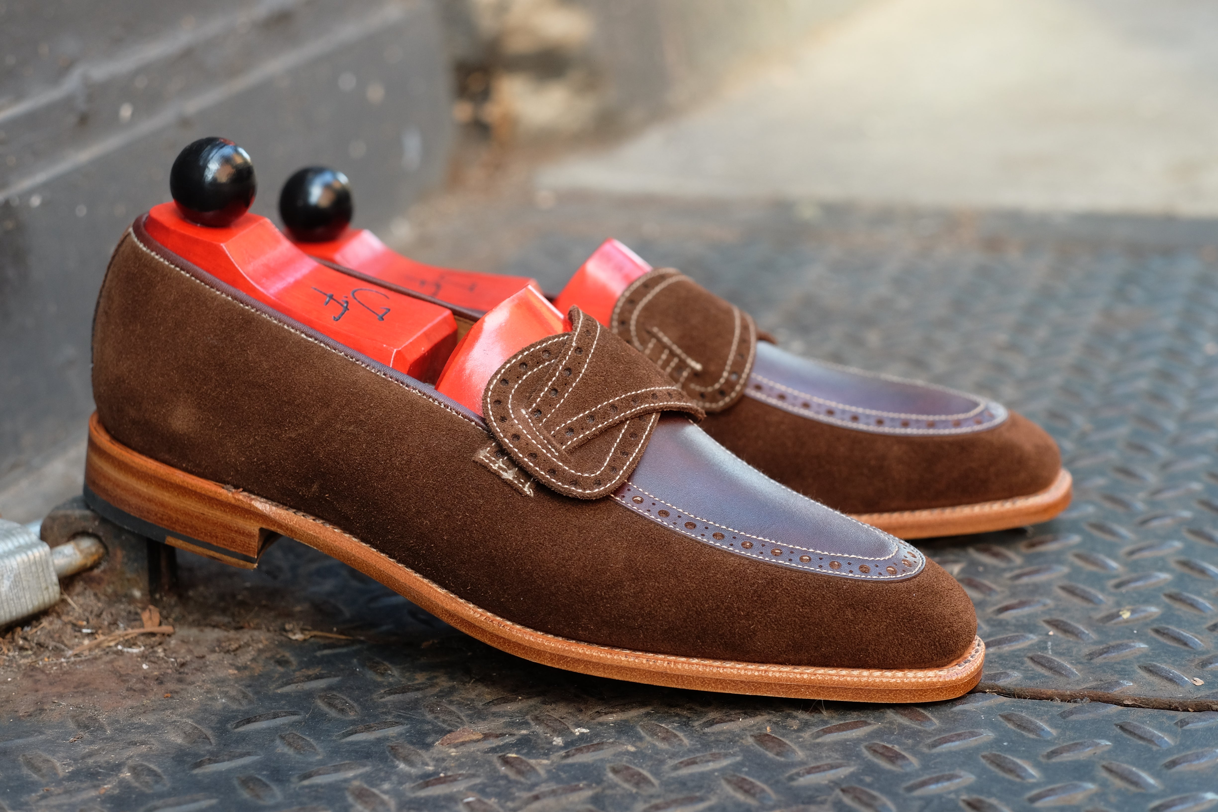 Kennewick - MTO - Dark Brown Suede / Dark Brown Museum Calf - MGF Last - Single Leather Sole-Made To Order Butterfly Loafer Brogue-J.FitzPatrick Footwear