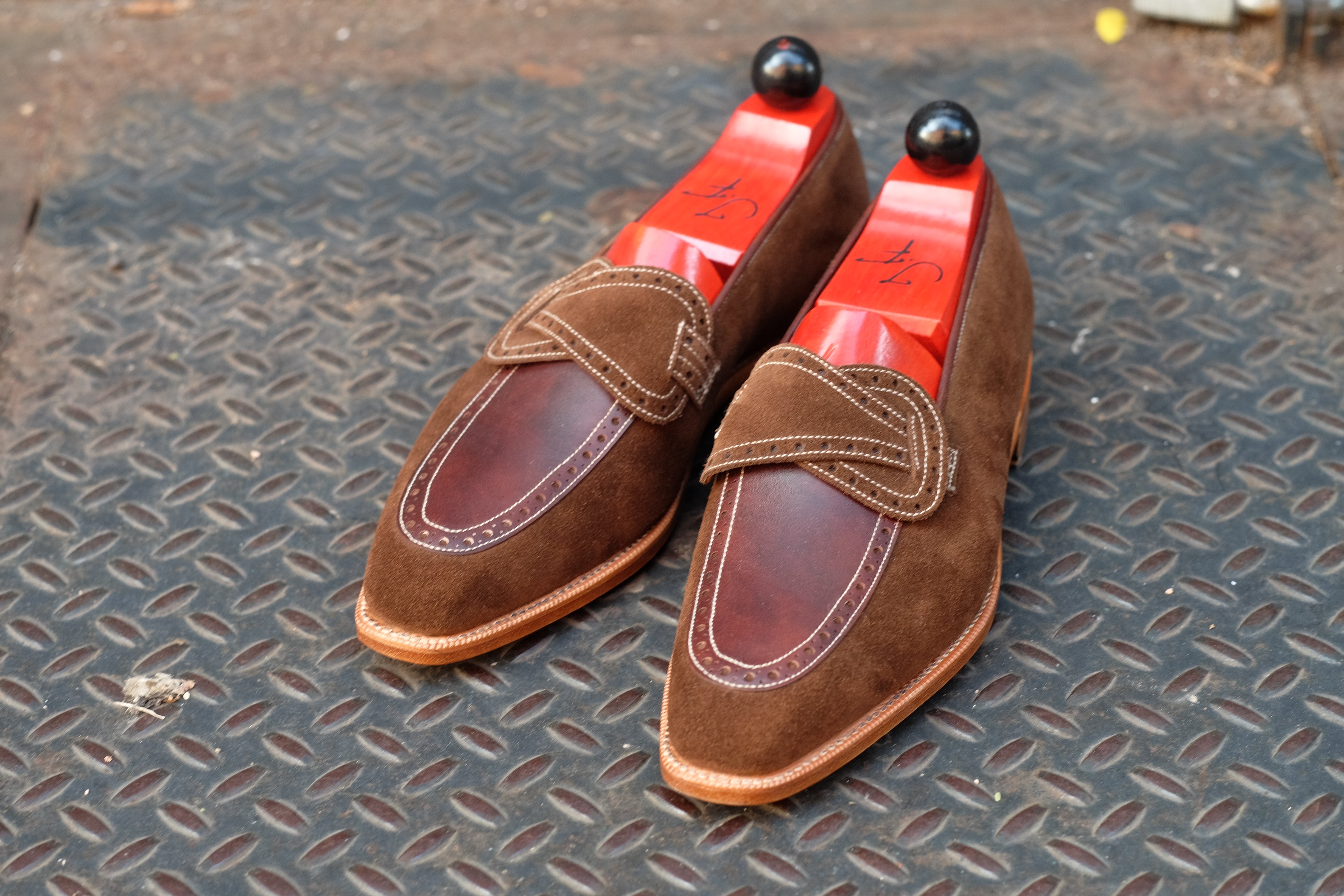 Kennewick - MTO - Dark Brown Suede / Dark Brown Museum Calf - MGF Last - Single Leather Sole-Made To Order Butterfly Loafer Brogue-J.FitzPatrick Footwear
