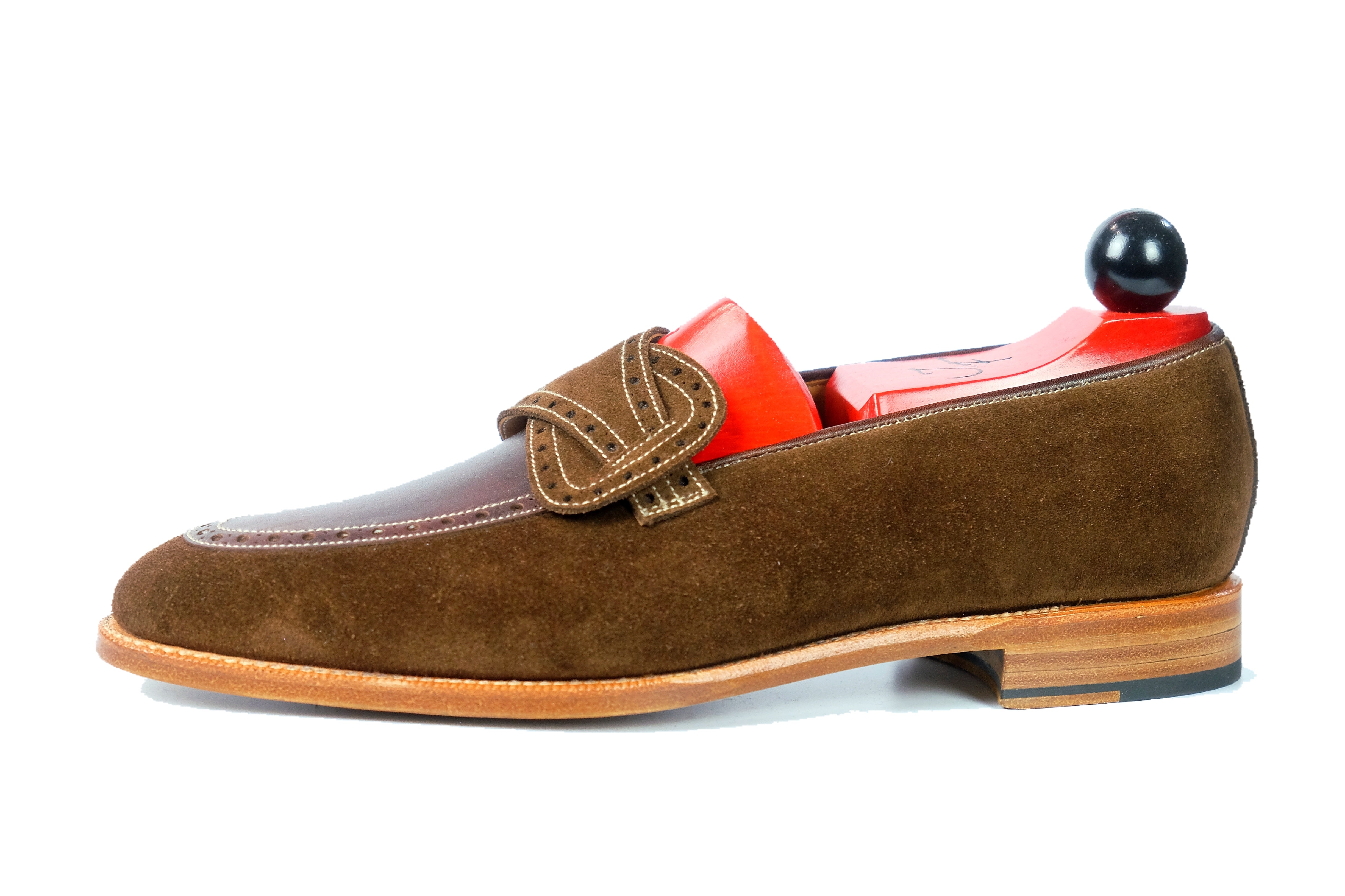 Kennewick - MTO - Dark Brown Suede / Dark Brown Museum Calf - MGF Last - Single Leather Sole-Made To Order Butterfly Loafer Brogue-J.FitzPatrick Footwear