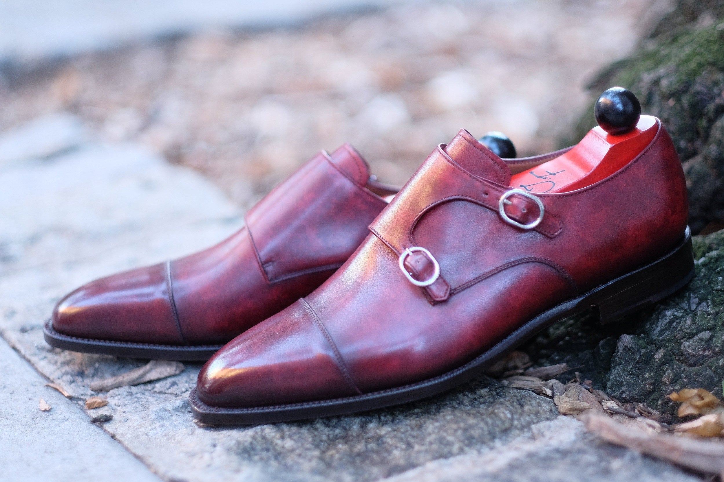 Kent - MTO - Burgundy Marble Patina-Made To Order Double Monkstrap Cap Toe-J.FitzPatrick Footwear