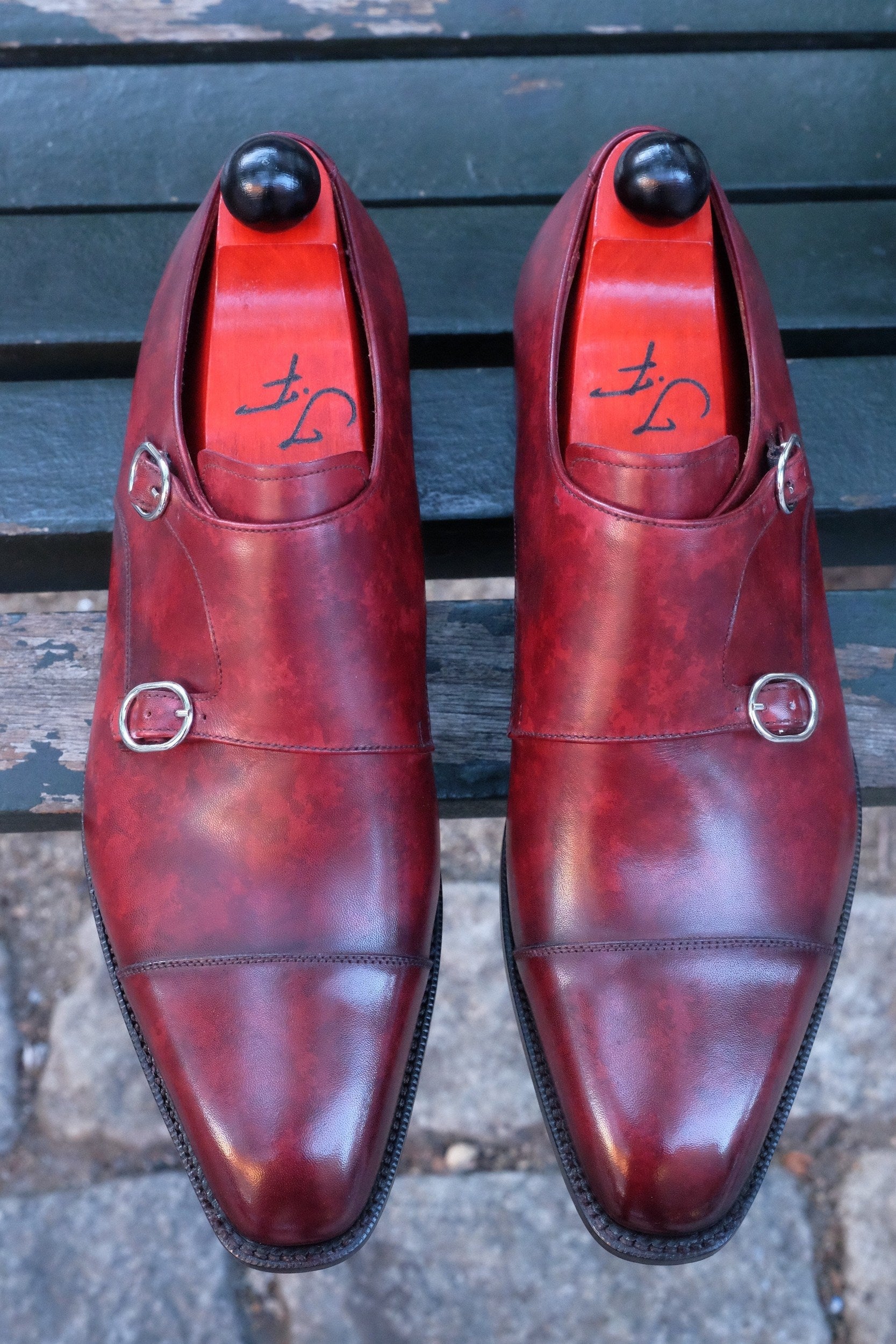 Kent - MTO - Burgundy Marble Patina-Made To Order Double Monkstrap Cap Toe-J.FitzPatrick Footwear