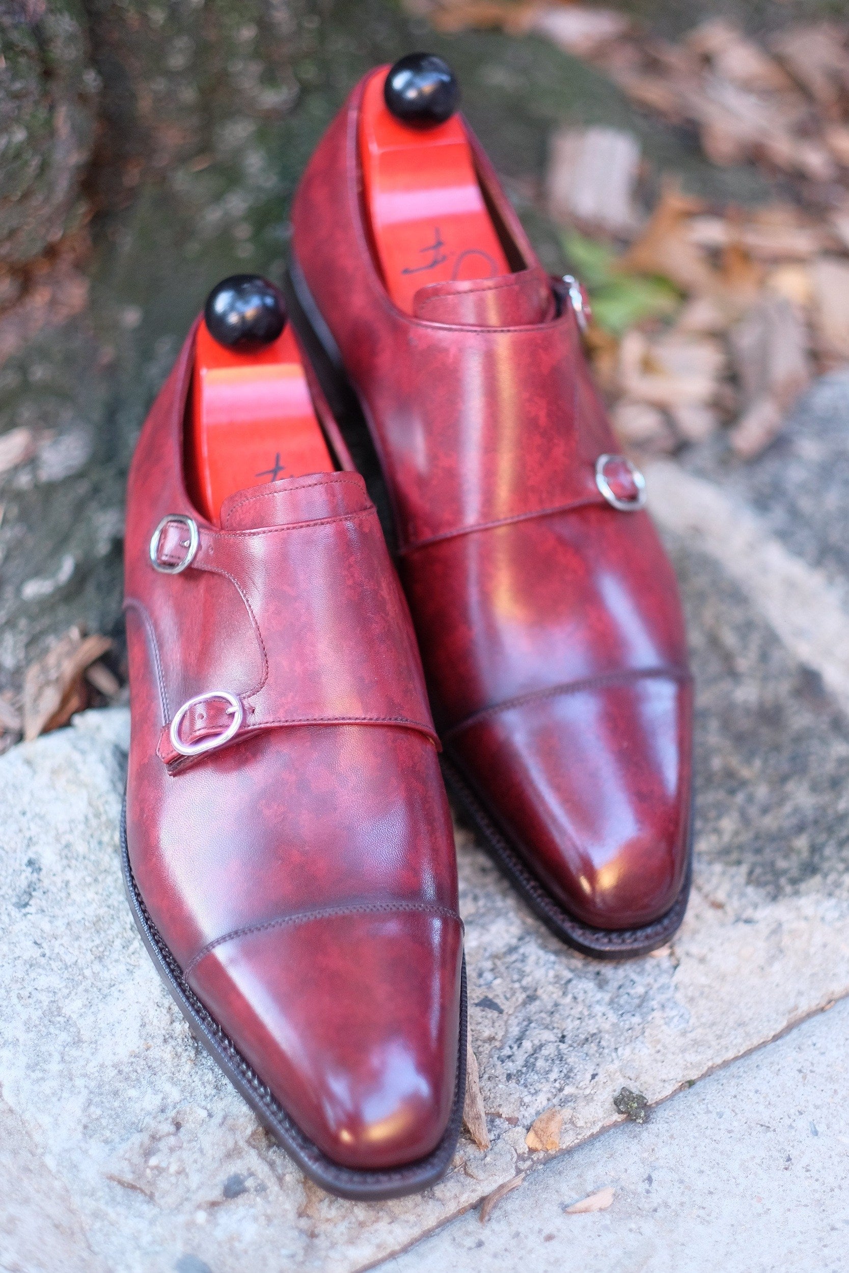 Kent - MTO - Burgundy Marble Patina-Made To Order Double Monkstrap Cap Toe-J.FitzPatrick Footwear
