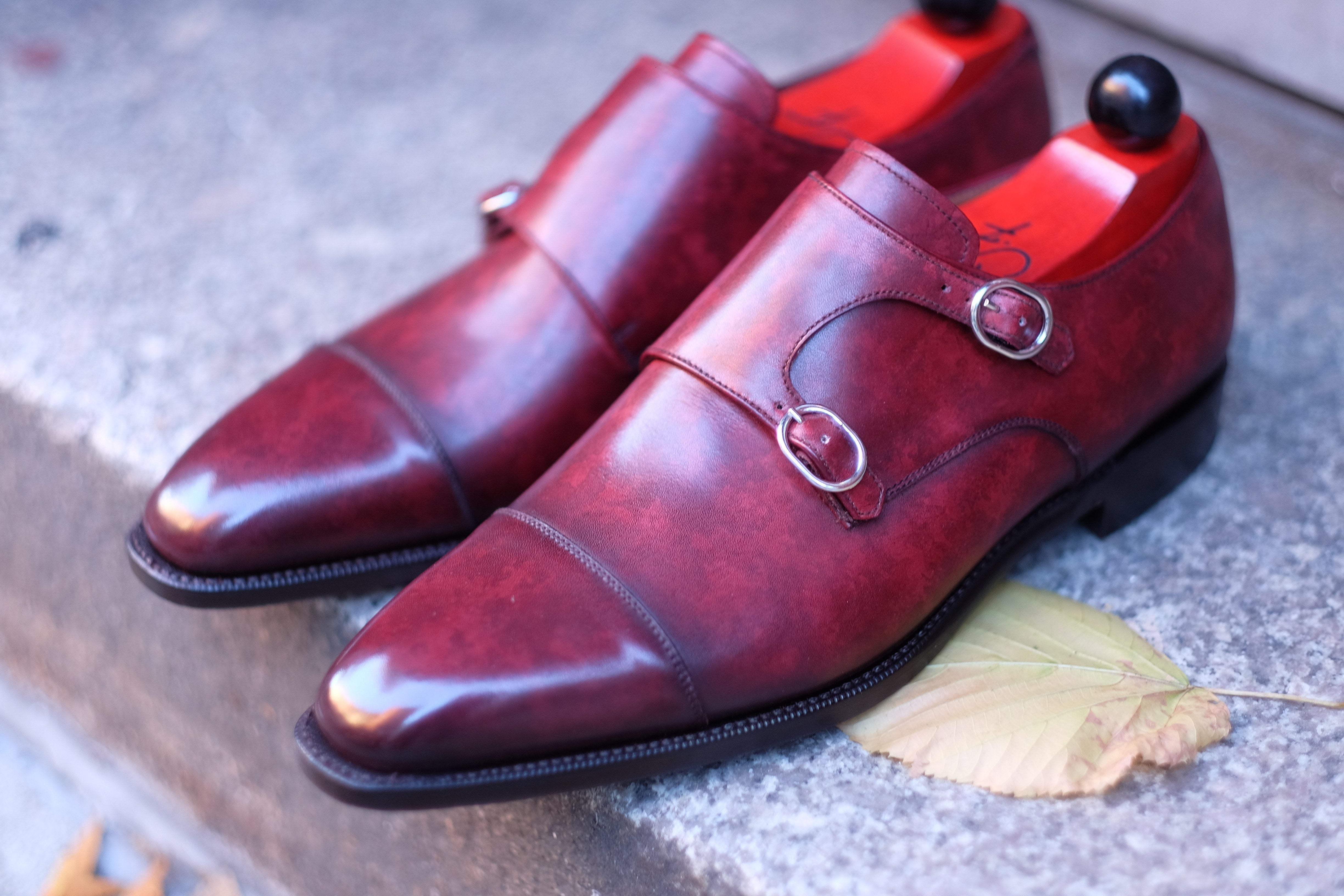 Kent - MTO - Burgundy Marble Patina-Made To Order Double Monkstrap Cap Toe-J.FitzPatrick Footwear