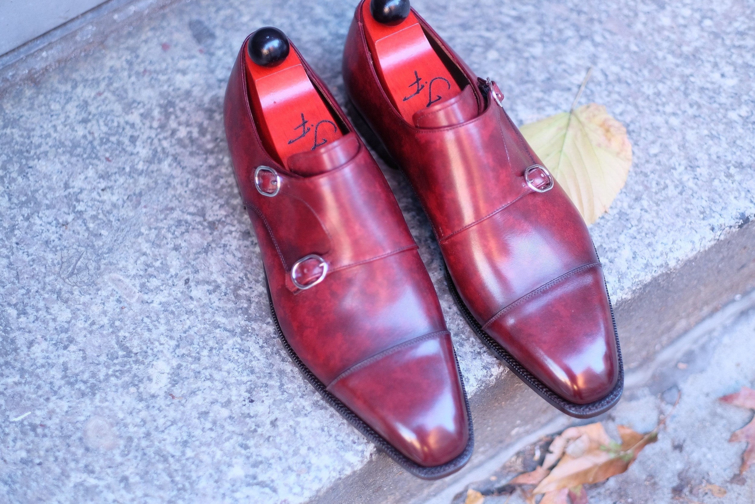 Kent - MTO - Burgundy Marble Patina-Made To Order Double Monkstrap Cap Toe-J.FitzPatrick Footwear
