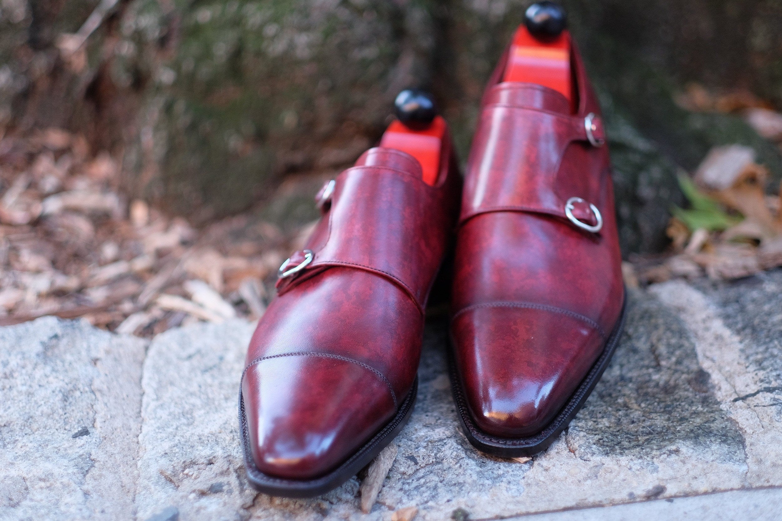 Kent - MTO - Burgundy Marble Patina-Made To Order Double Monkstrap Cap Toe-J.FitzPatrick Footwear