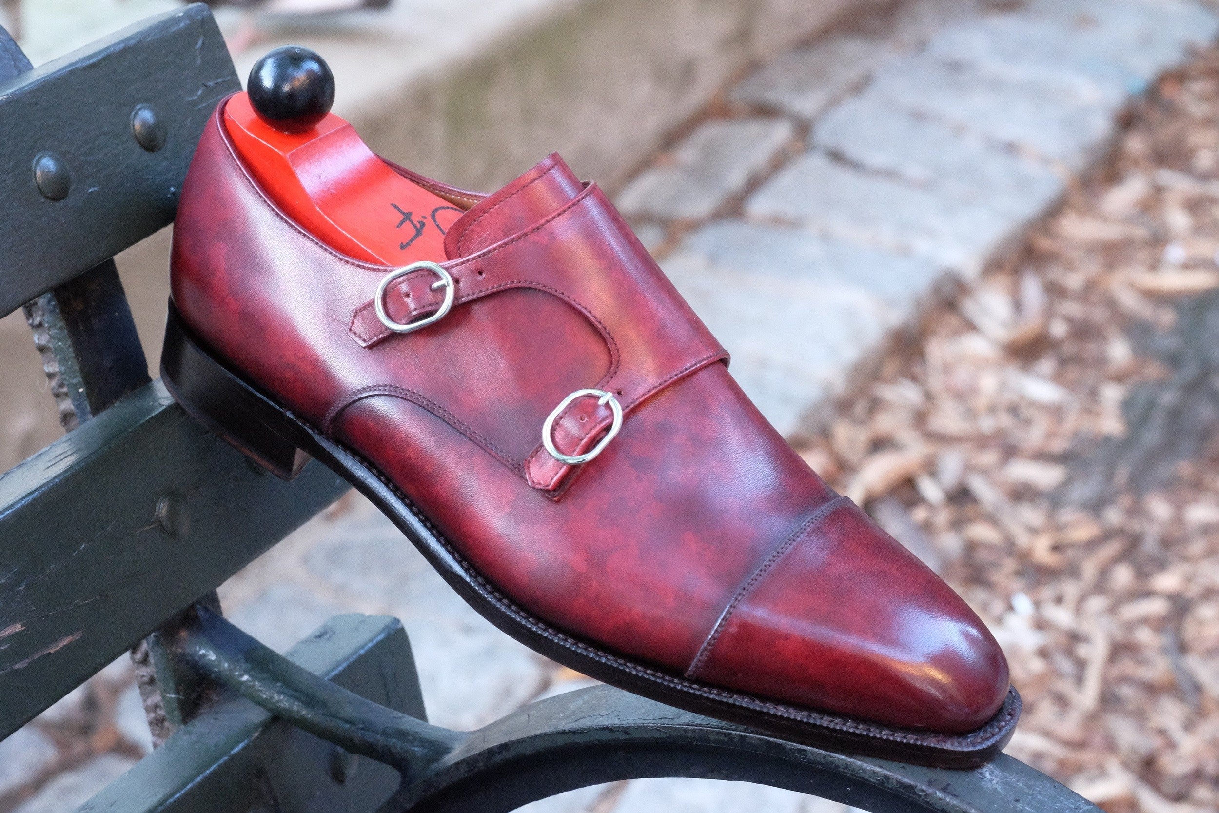 Kent - MTO - Burgundy Marble Patina-Made To Order Double Monkstrap Cap Toe-J.FitzPatrick Footwear