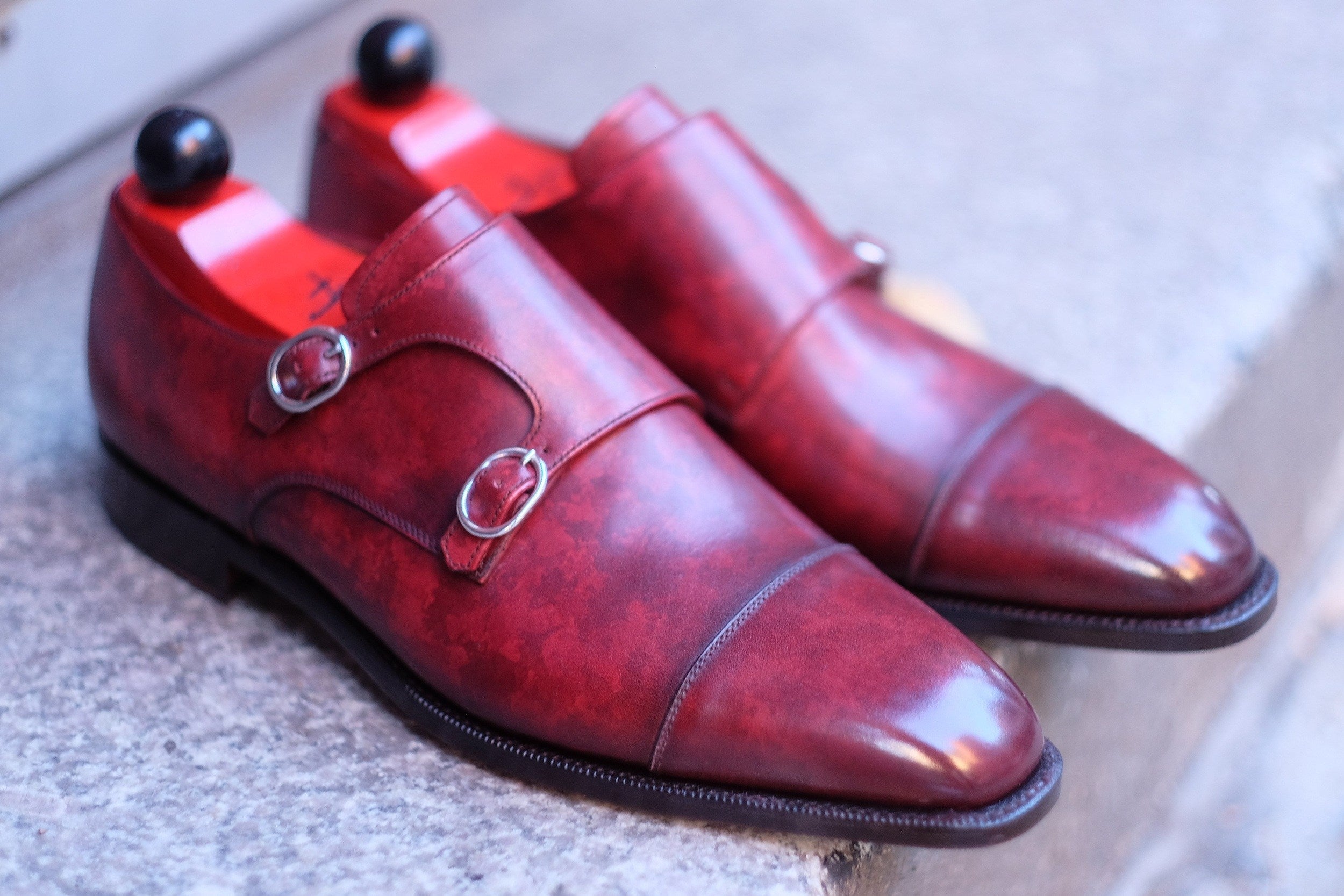 Kent - MTO - Burgundy Marble Patina-Made To Order Double Monkstrap Cap Toe-J.FitzPatrick Footwear