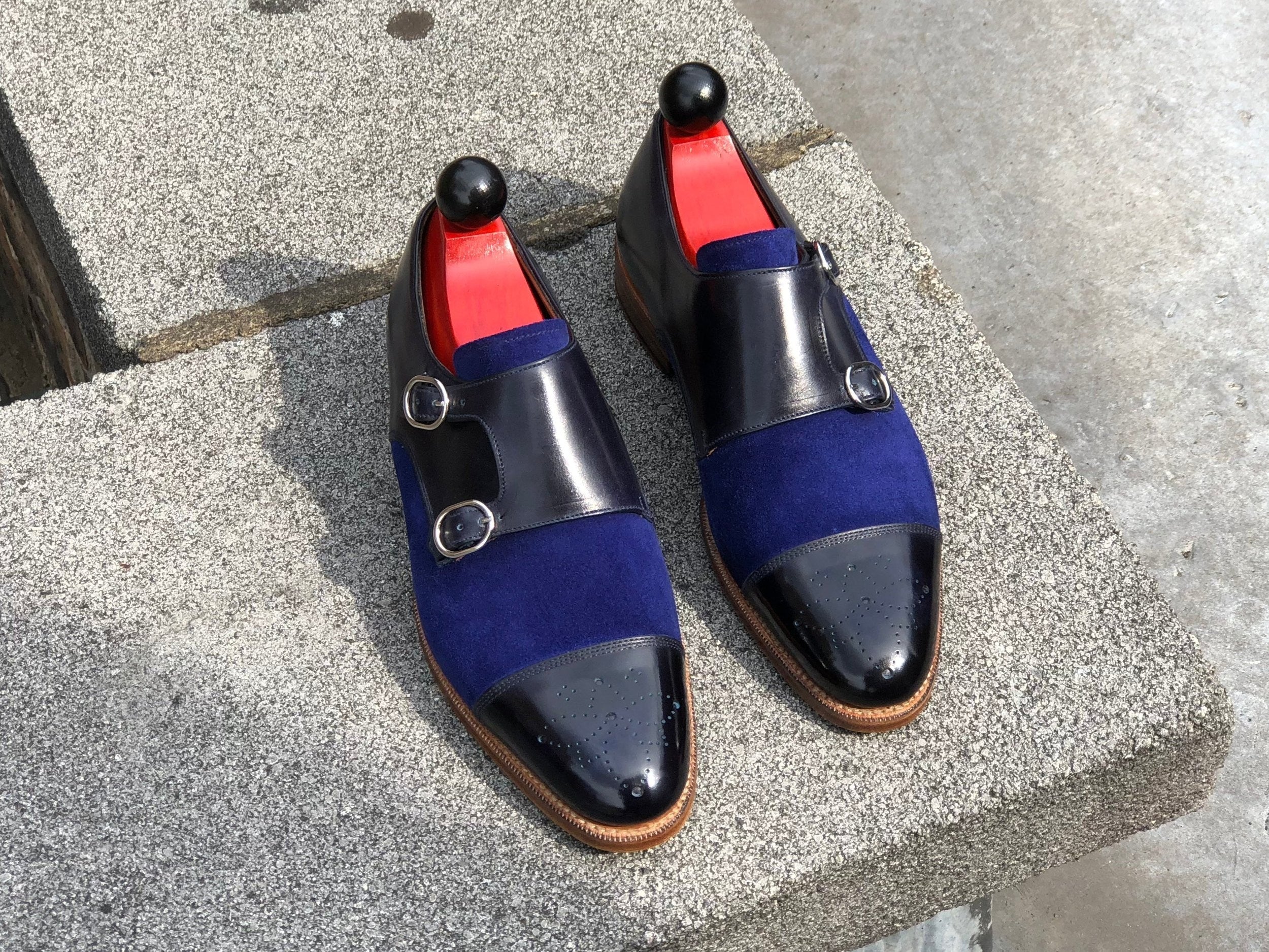 Kent Redux - MTO - Black Calf / Blue Suede-Made To Order Double Monkstrap Cap Toe Medallion-J.FitzPatrick Footwear