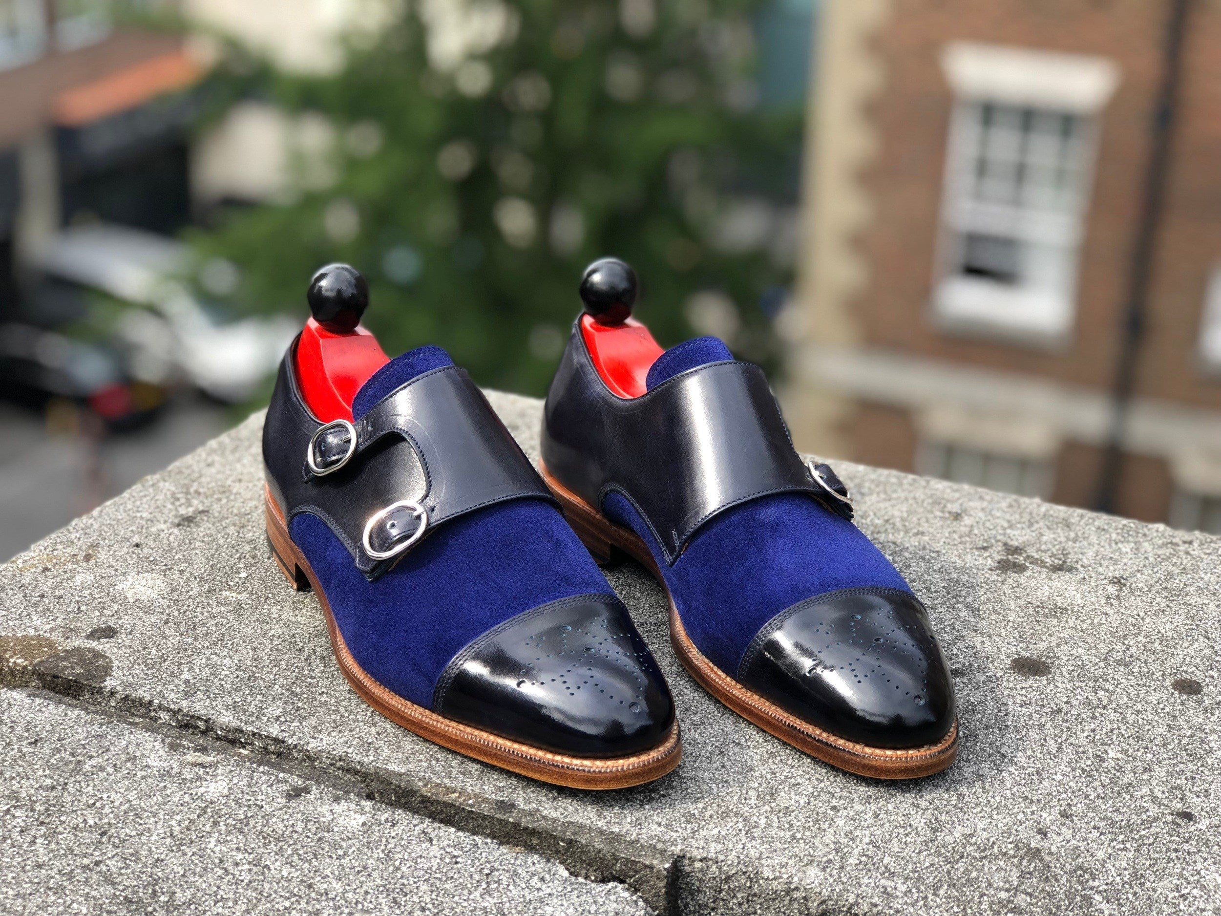 Kent Redux - MTO - Black Calf / Blue Suede-Made To Order Double Monkstrap Cap Toe Medallion-J.FitzPatrick Footwear