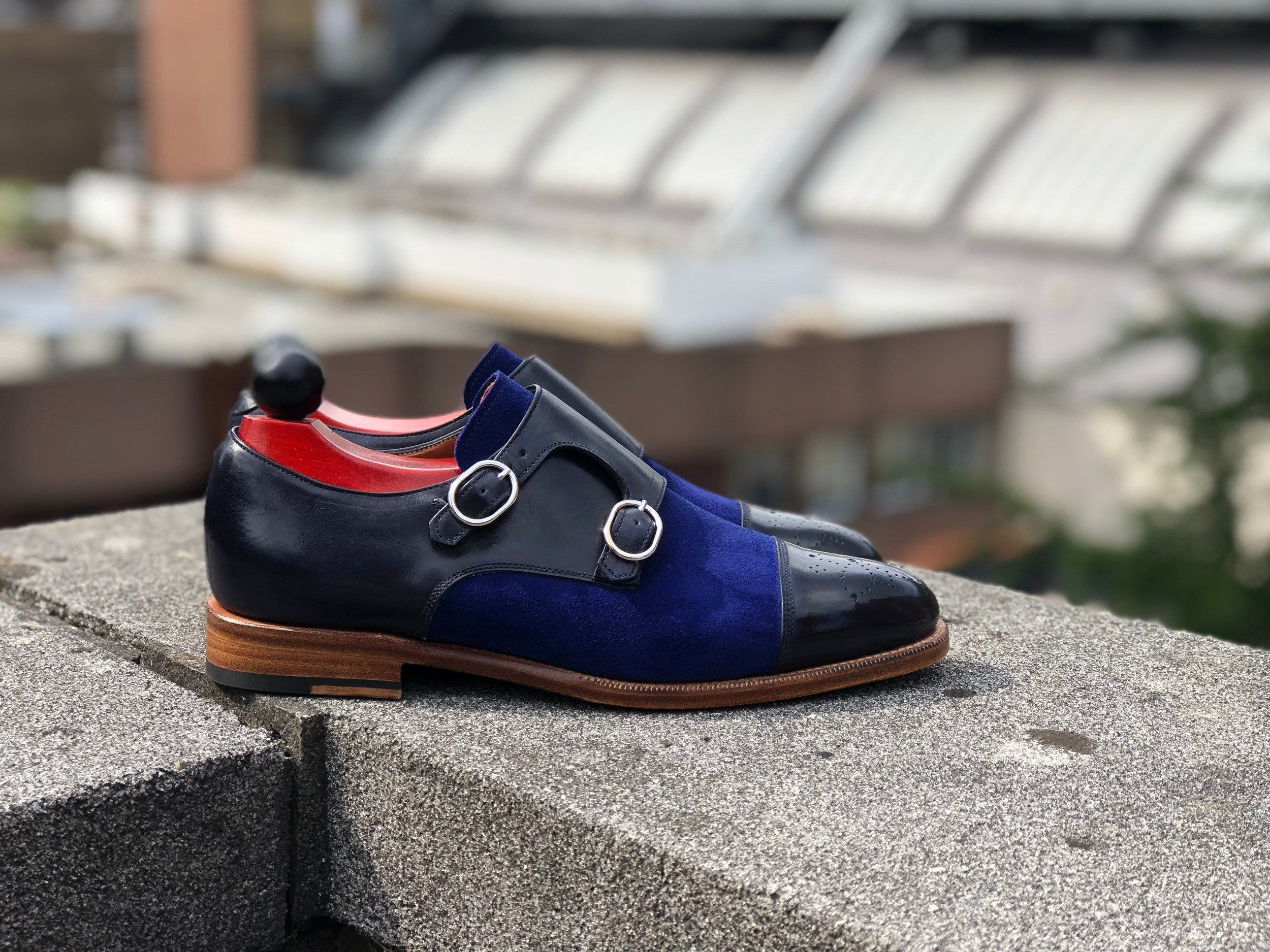 Kent Redux - MTO - Black Calf / Blue Suede-Made To Order Double Monkstrap Cap Toe Medallion-J.FitzPatrick Footwear