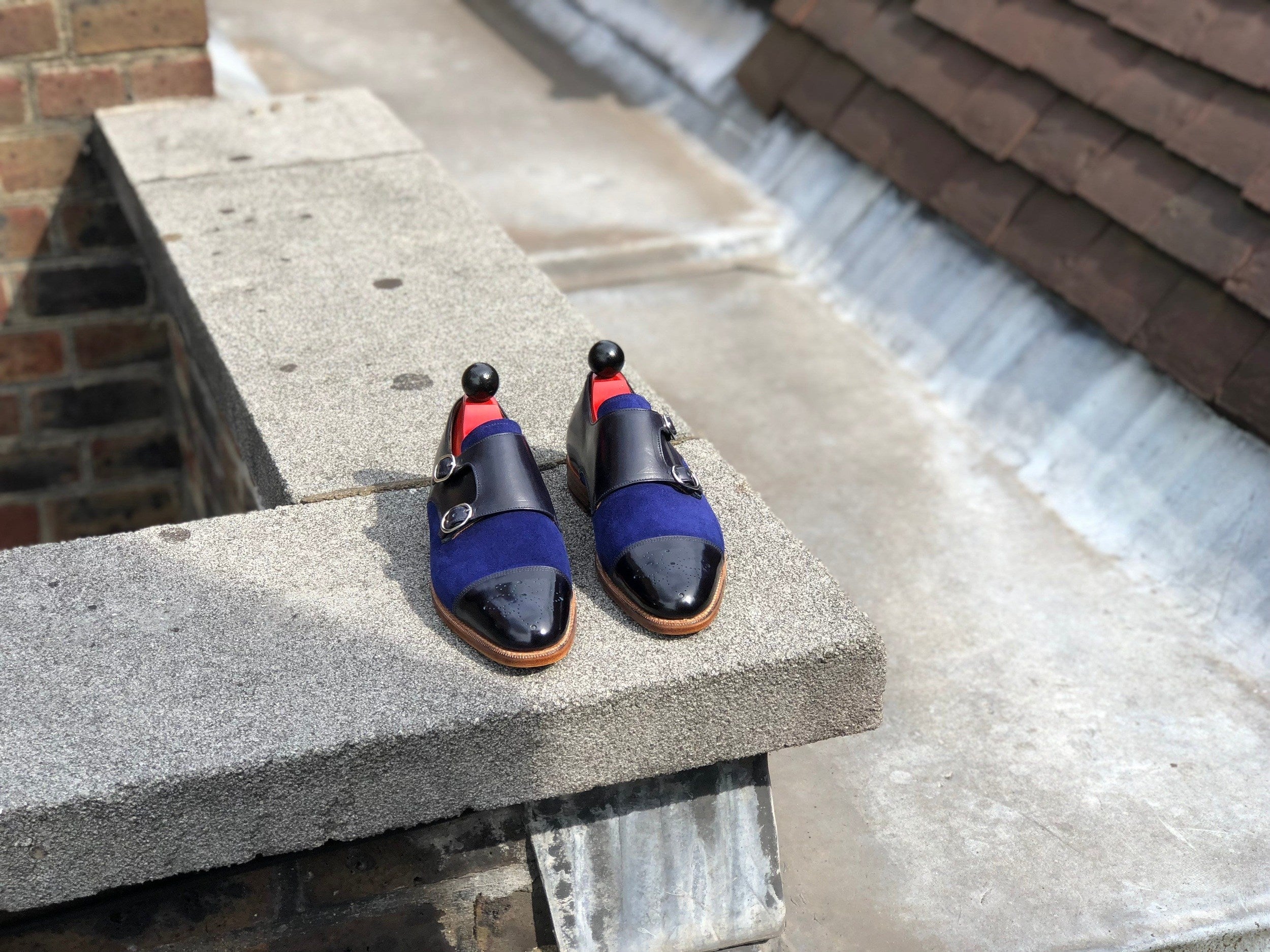 Kent Redux - MTO - Black Calf / Blue Suede-Made To Order Double Monkstrap Cap Toe Medallion-J.FitzPatrick Footwear