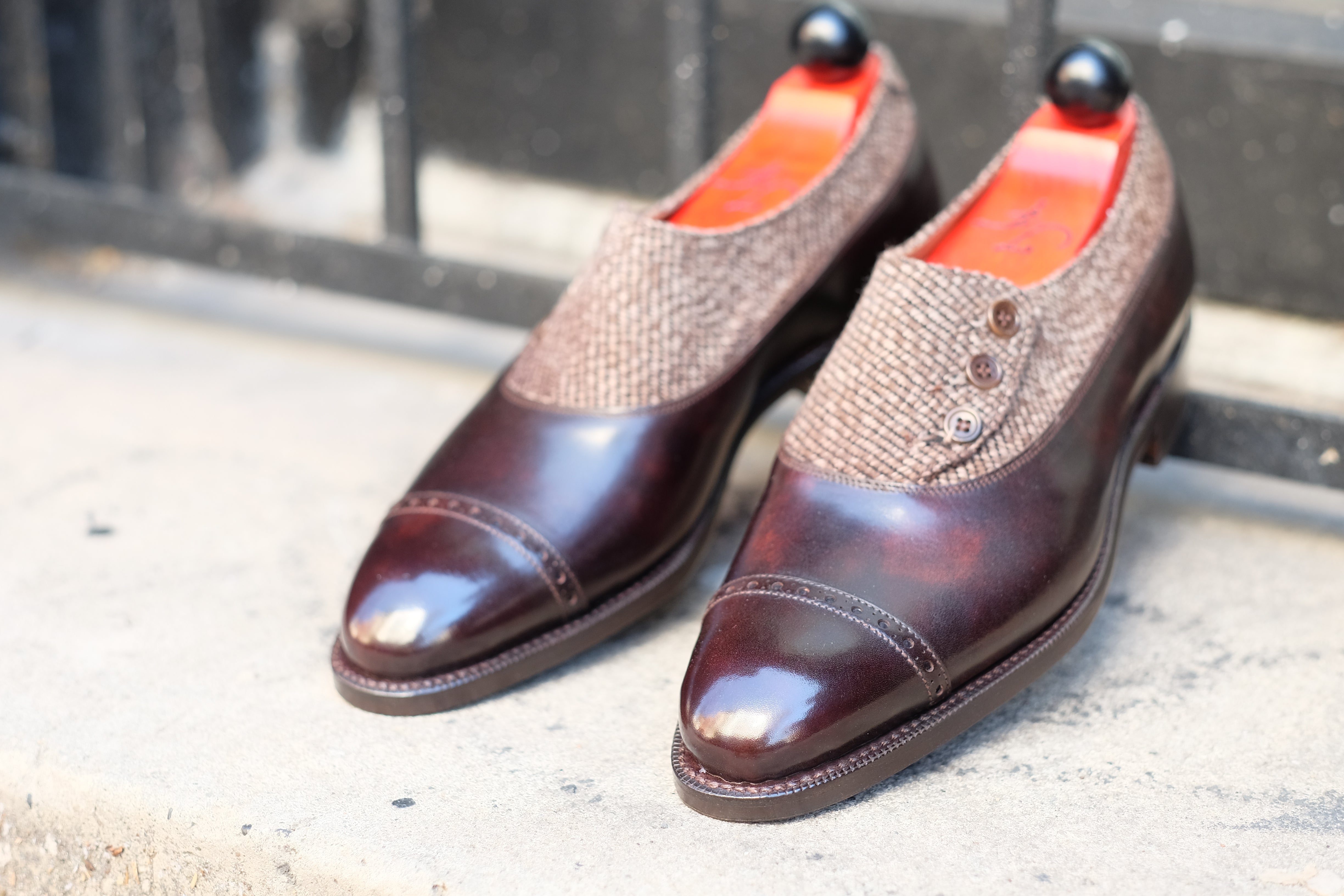 Kingston - MTO - Dark Brown Museum Calf / Brown Poulsbo - NGT Last - Single Leather Sole-Made To Order Button Shoe Plain Toe-J.FitzPatrick Footwear