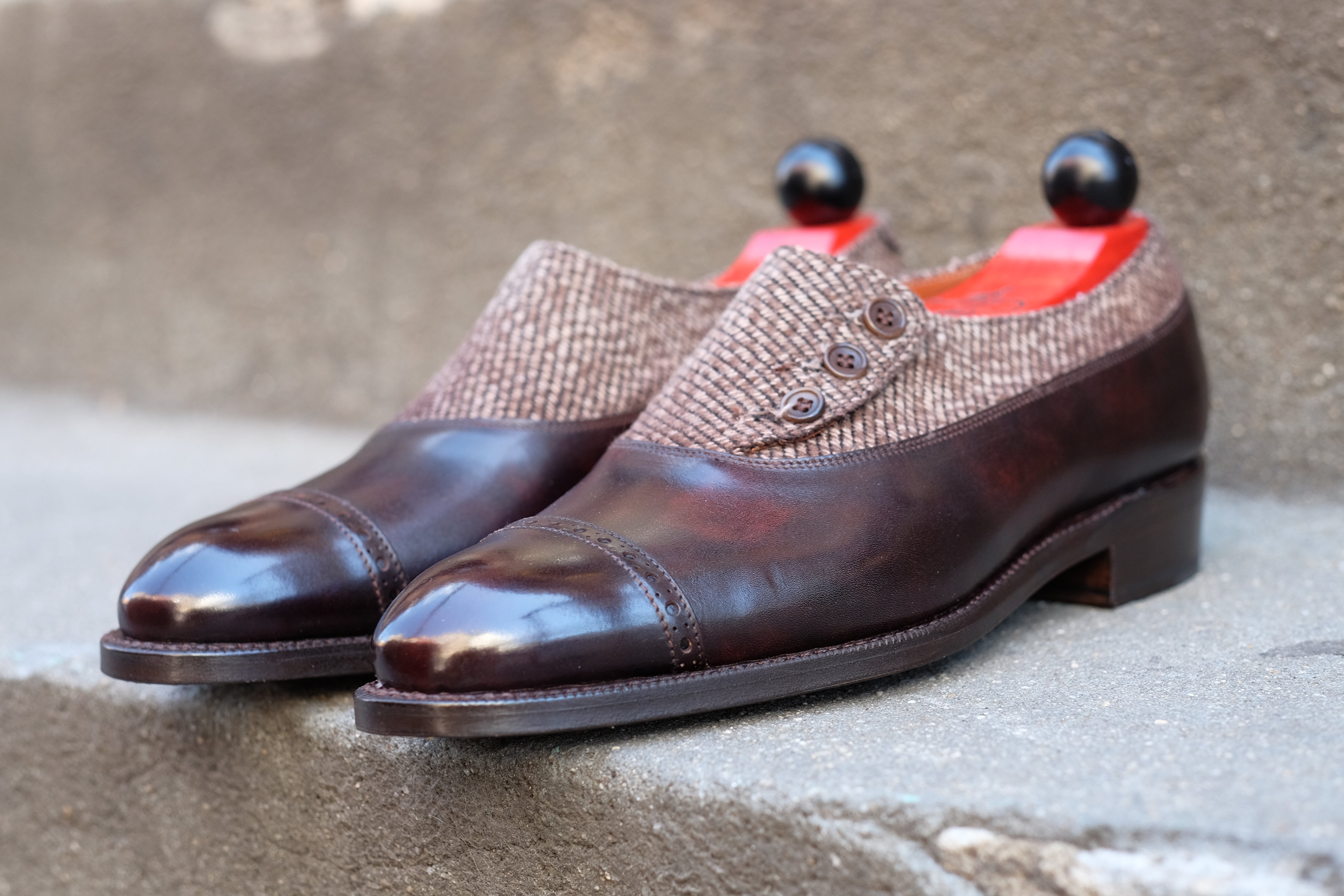 Kingston - MTO - Dark Brown Museum Calf / Brown Poulsbo - NGT Last - Single Leather Sole-Made To Order Button Shoe Plain Toe-J.FitzPatrick Footwear