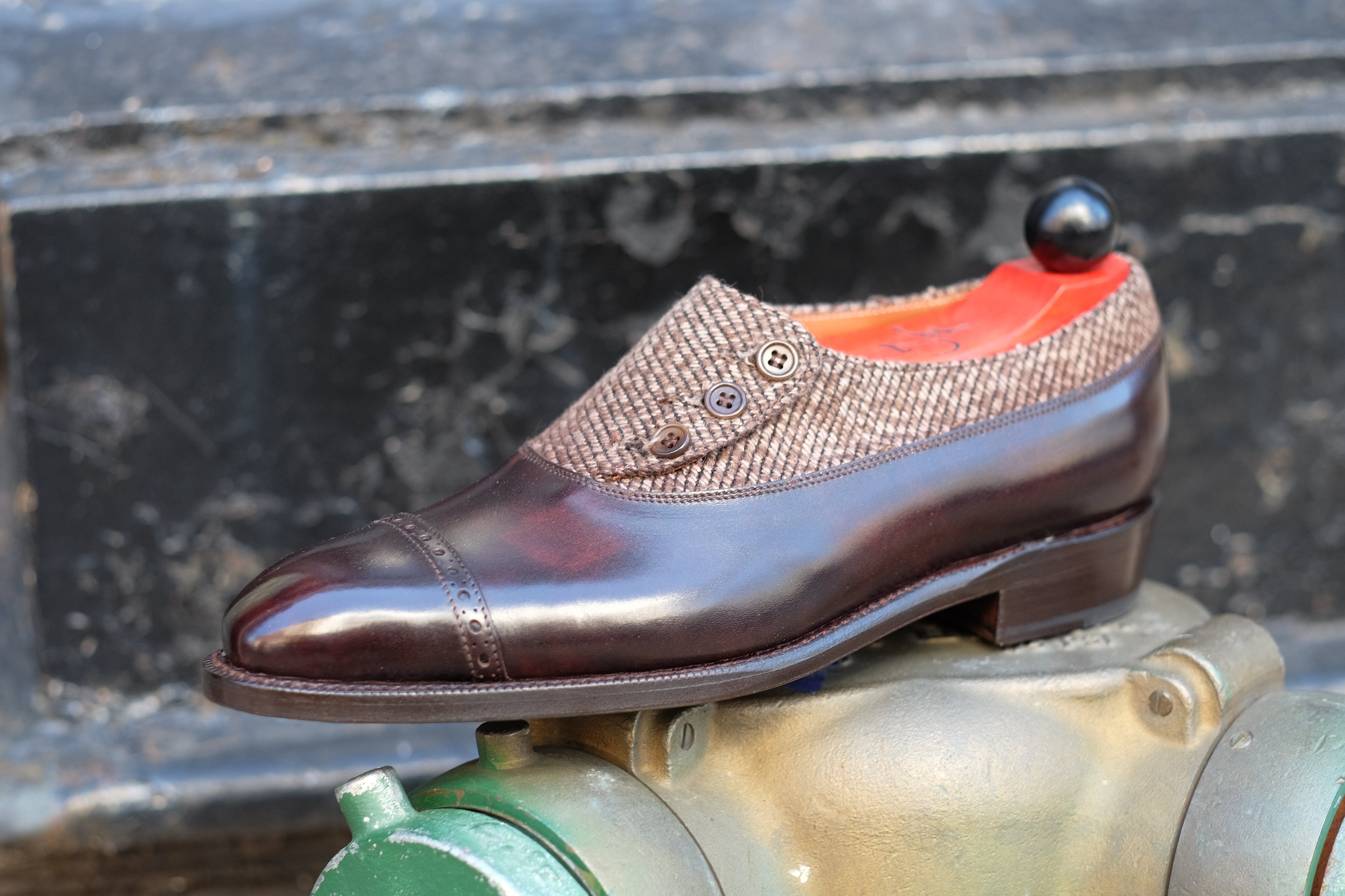 Kingston - MTO - Dark Brown Museum Calf / Brown Poulsbo - NGT Last - Single Leather Sole-Made To Order Button Shoe Plain Toe-J.FitzPatrick Footwear