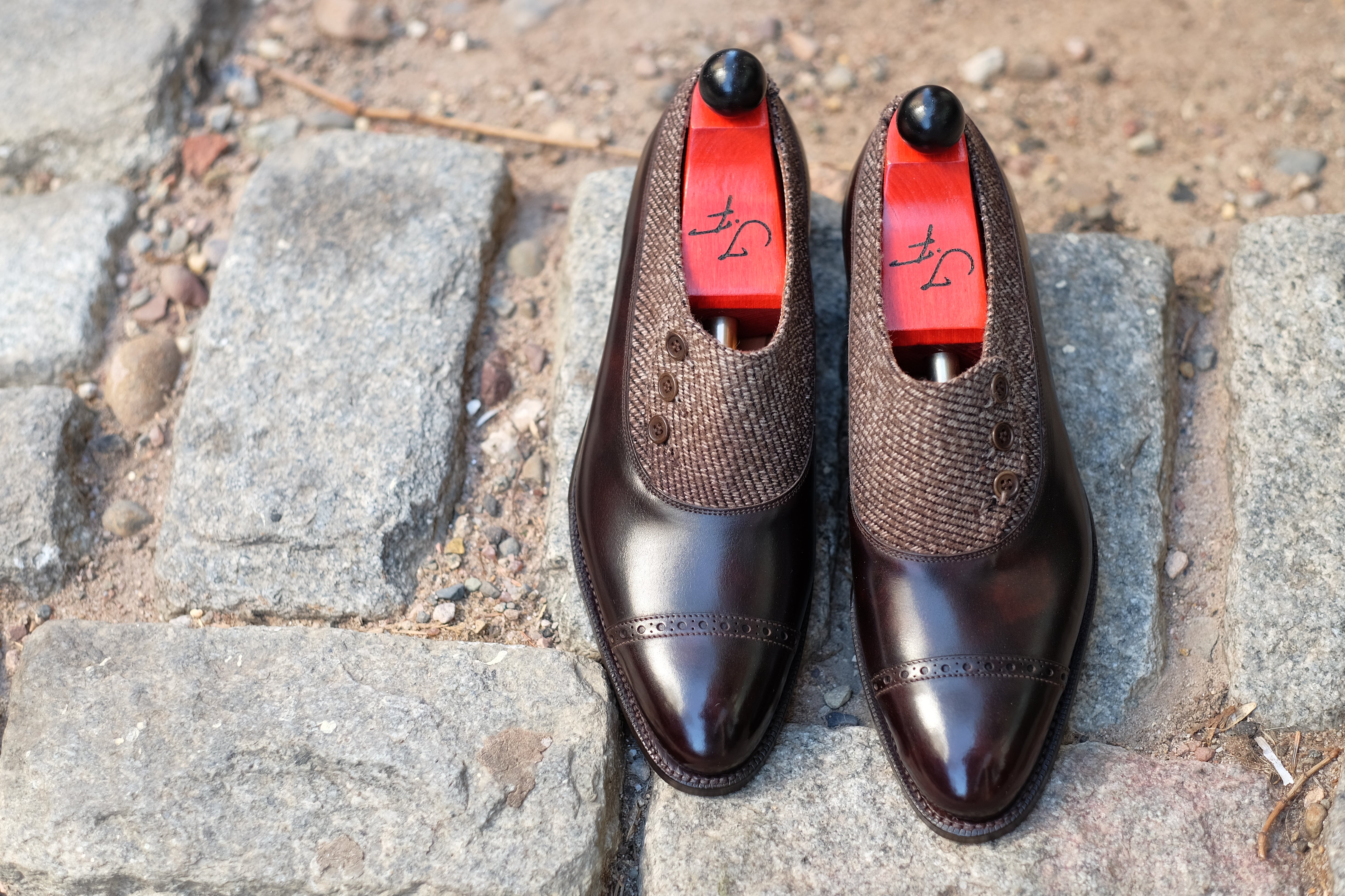 Kingston - MTO - Dark Brown Museum Calf / Brown Poulsbo - NGT Last - Single Leather Sole-Made To Order Button Shoe Plain Toe-J.FitzPatrick Footwear