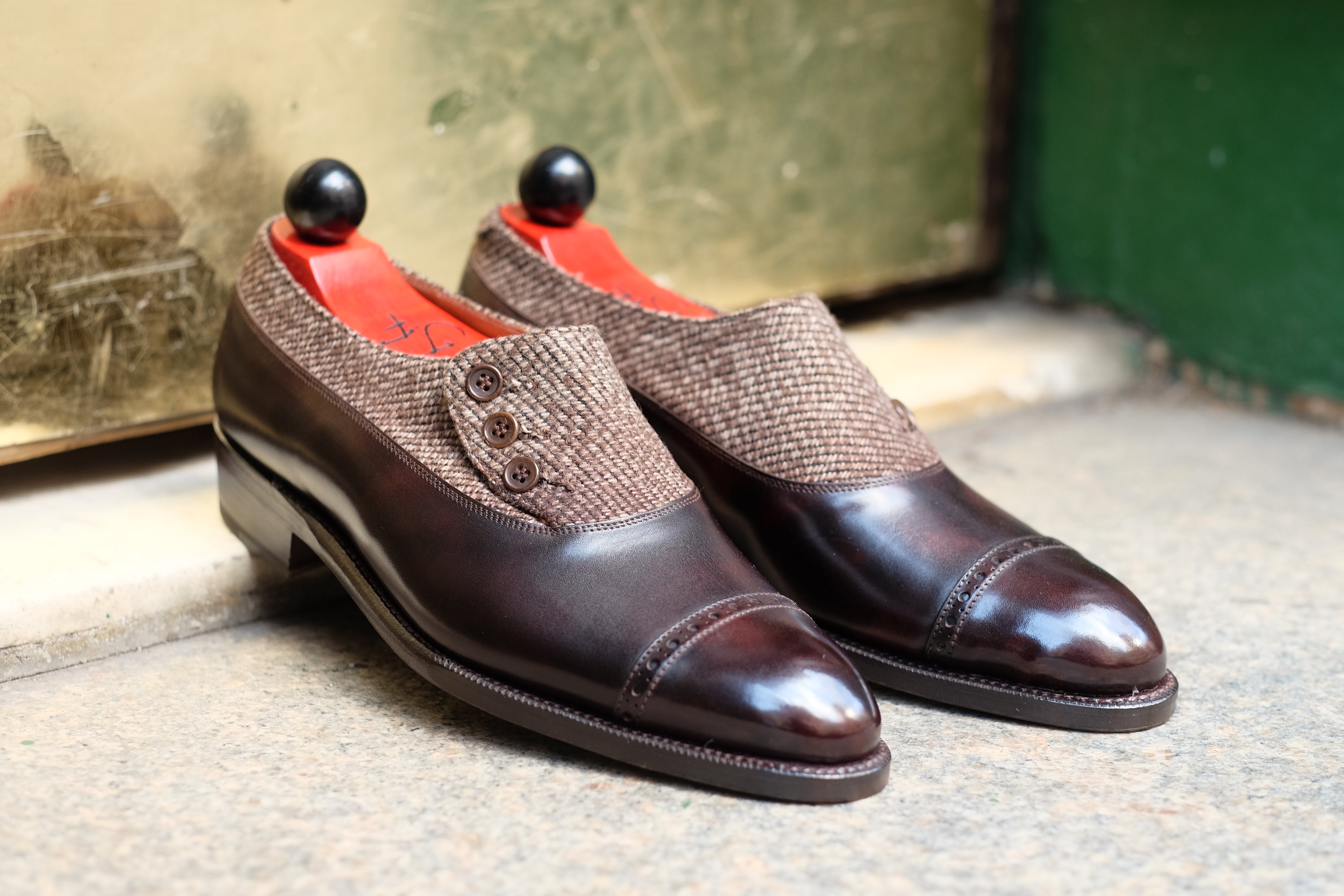 Kingston - MTO - Dark Brown Museum Calf / Brown Poulsbo - NGT Last - Single Leather Sole-Made To Order Button Shoe Plain Toe-J.FitzPatrick Footwear