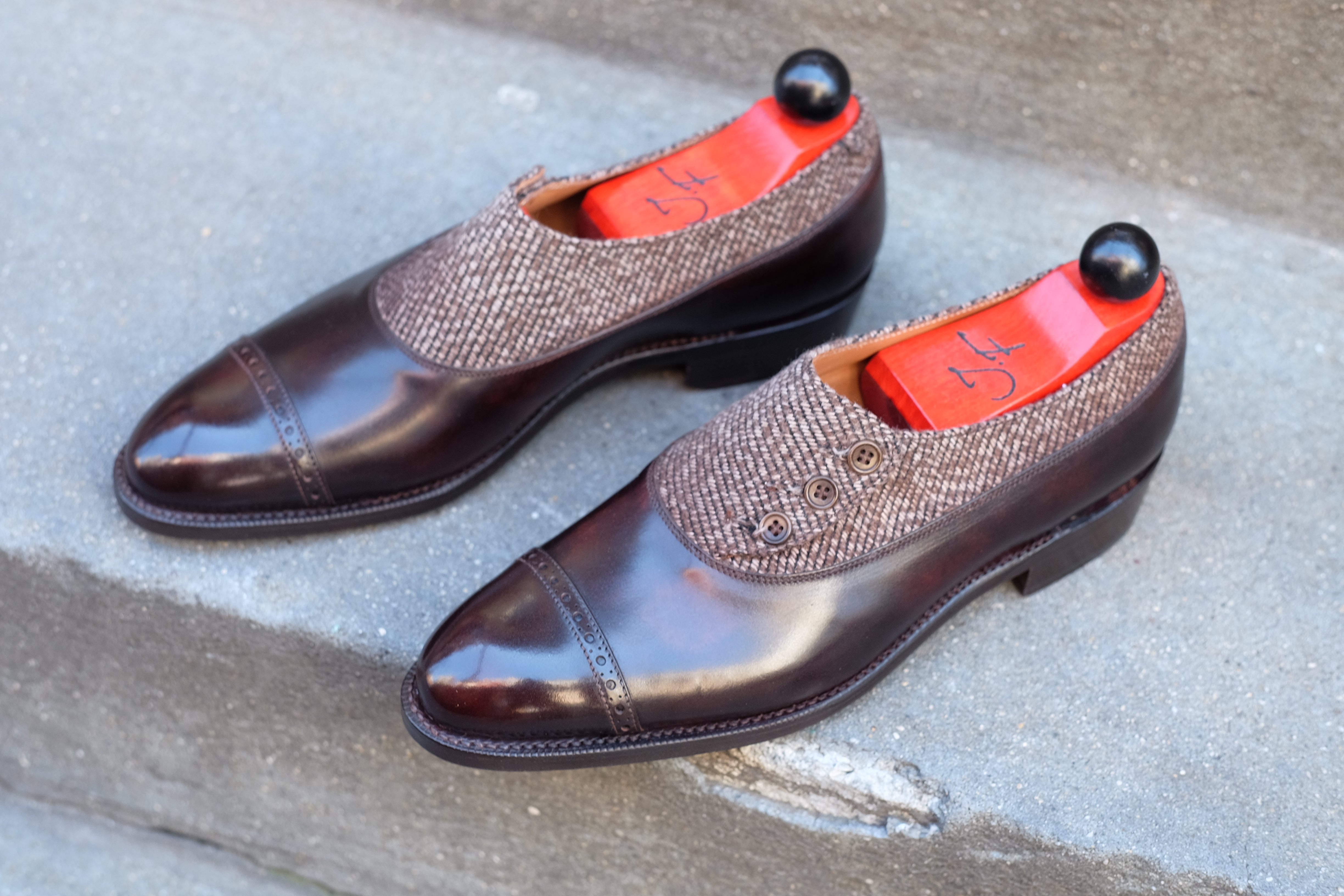 Kingston - MTO - Dark Brown Museum Calf / Brown Poulsbo - NGT Last - Single Leather Sole-Made To Order Button Shoe Plain Toe-J.FitzPatrick Footwear