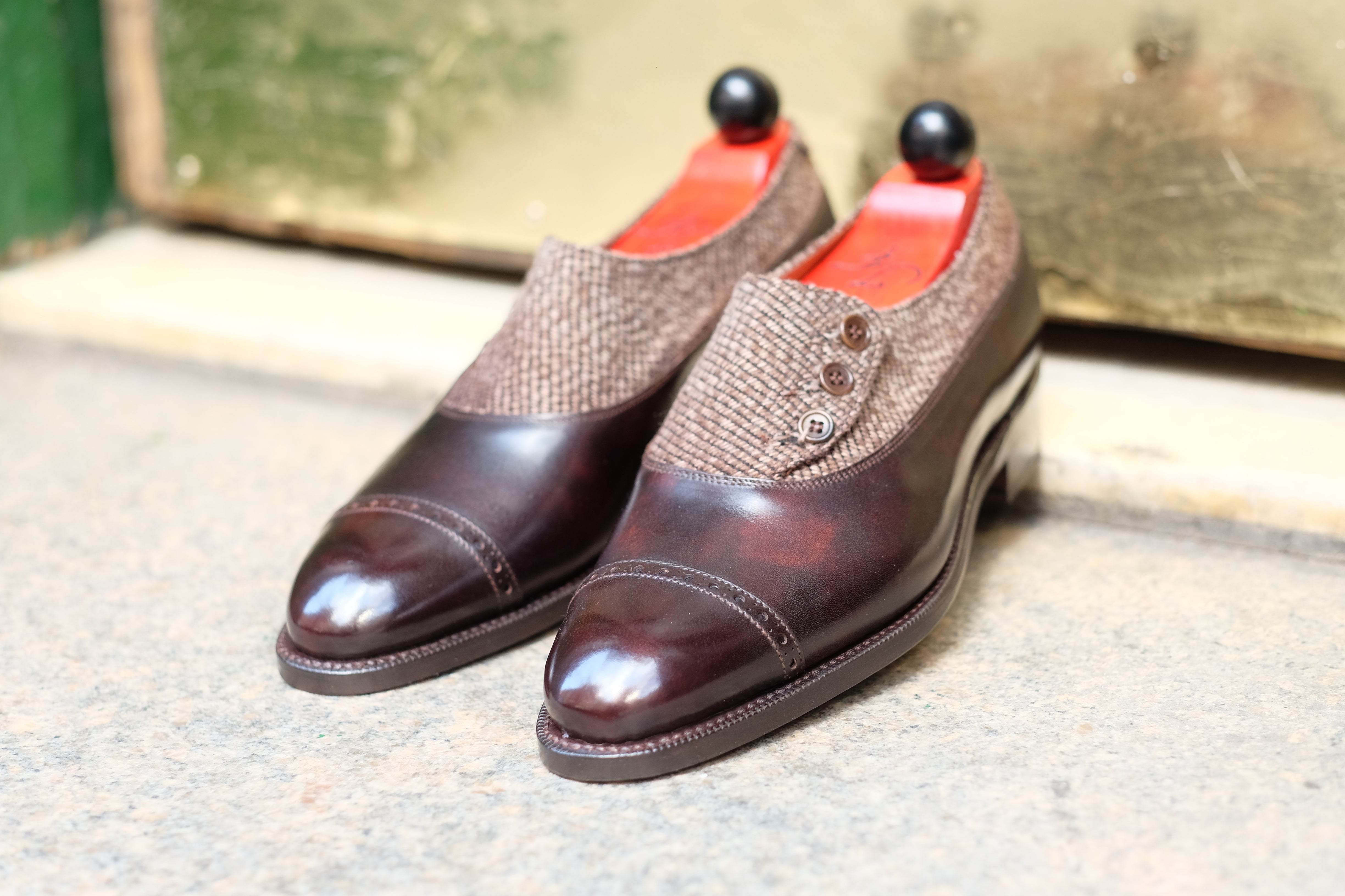 Kingston - MTO - Dark Brown Museum Calf / Brown Poulsbo - NGT Last - Single Leather Sole-Made To Order Button Shoe Plain Toe-J.FitzPatrick Footwear
