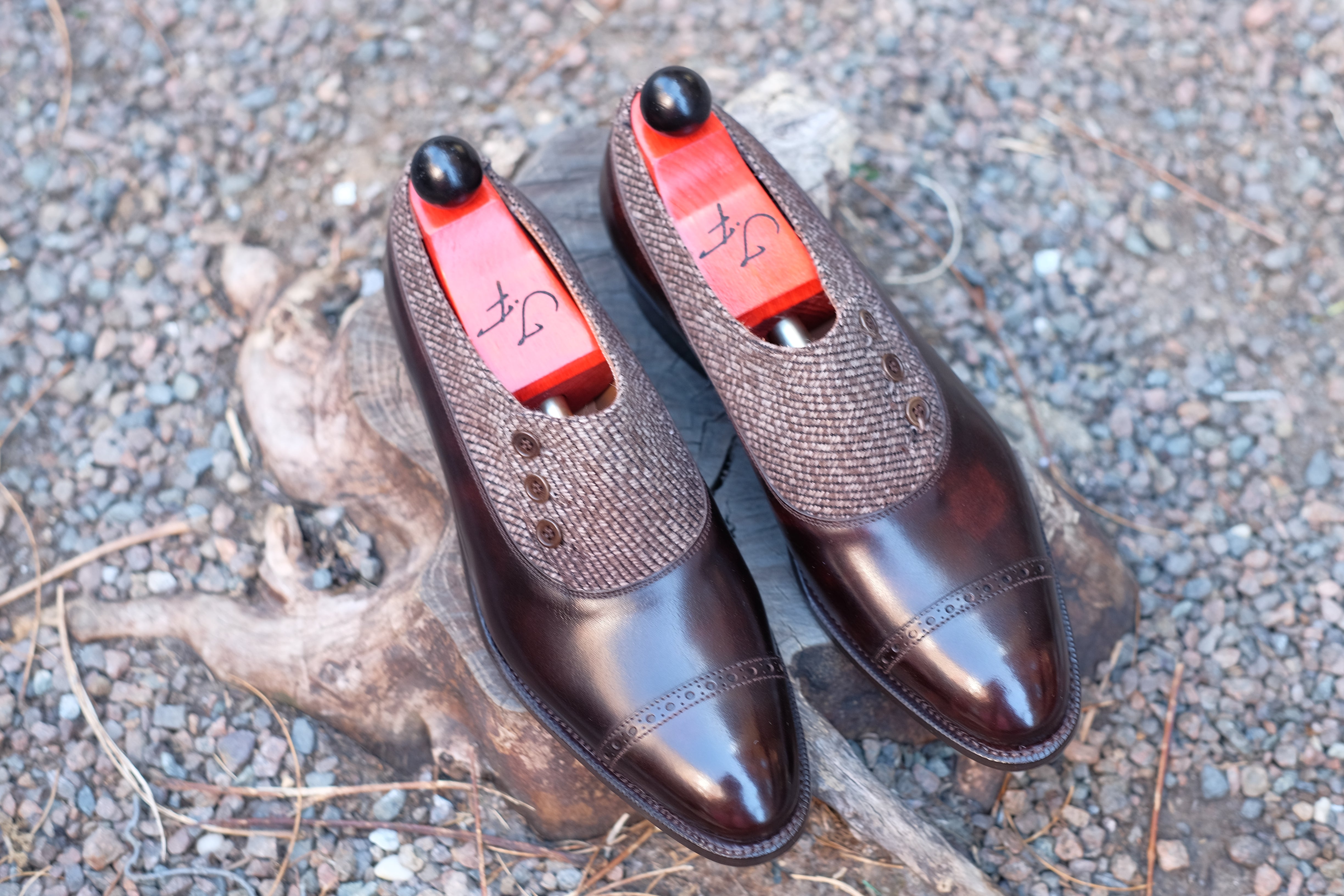 Kingston - MTO - Dark Brown Museum Calf / Brown Poulsbo - NGT Last - Single Leather Sole-Made To Order Button Shoe Plain Toe-J.FitzPatrick Footwear