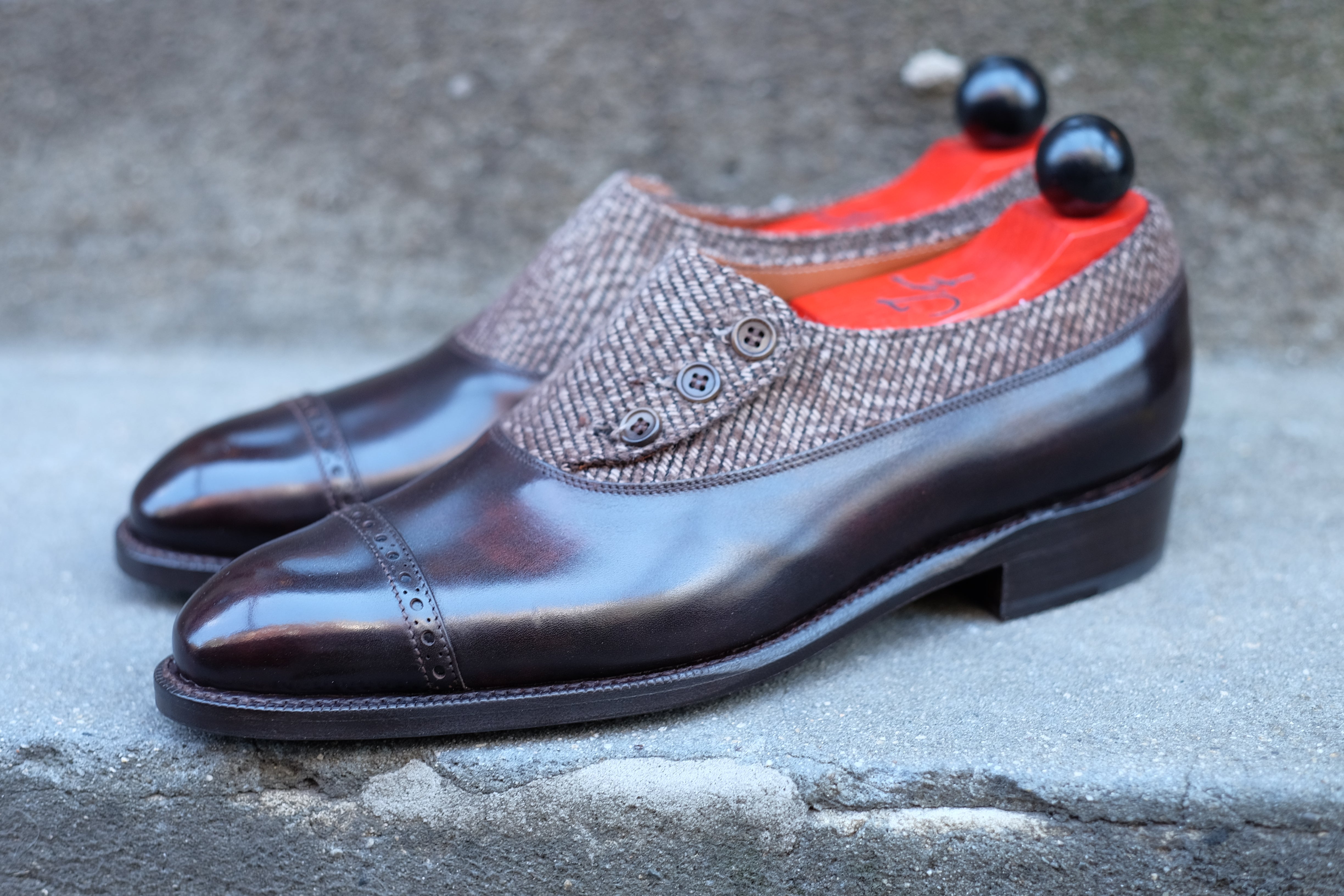 Kingston - MTO - Dark Brown Museum Calf / Brown Poulsbo - NGT Last - Single Leather Sole-Made To Order Button Shoe Plain Toe-J.FitzPatrick Footwear