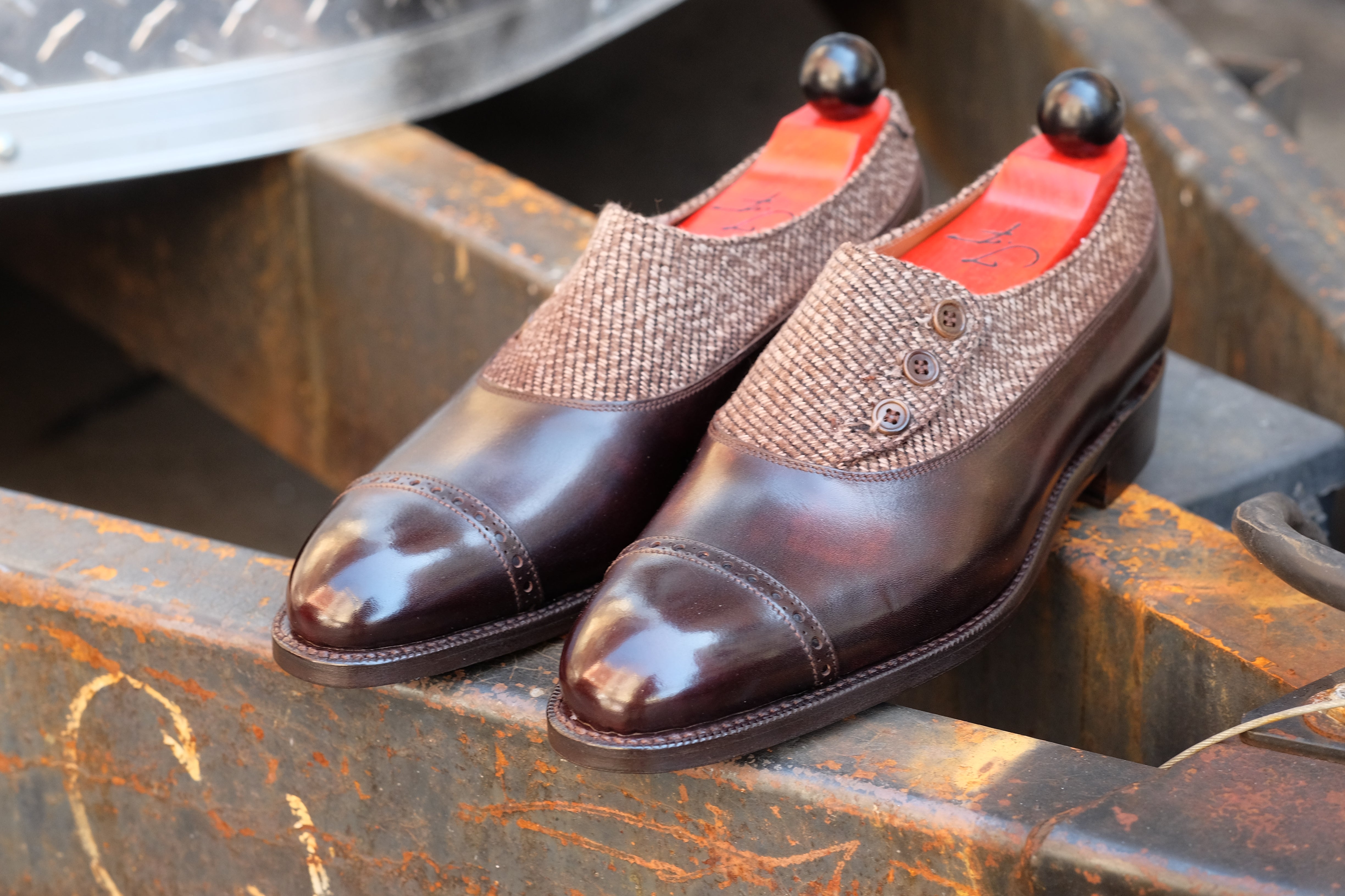 Kingston - MTO - Dark Brown Museum Calf / Brown Poulsbo - NGT Last - Single Leather Sole-Made To Order Button Shoe Plain Toe-J.FitzPatrick Footwear