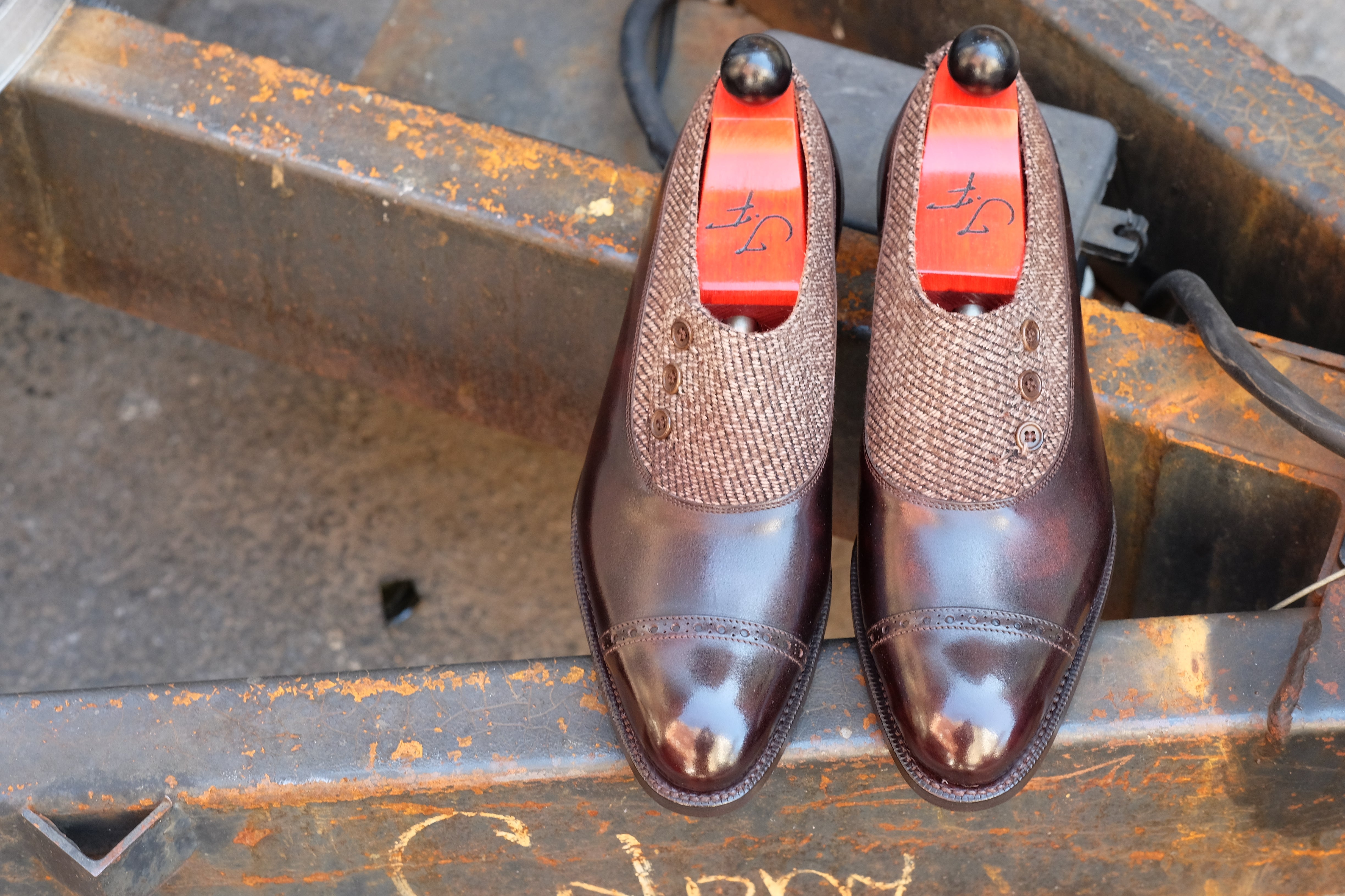 Kingston - MTO - Dark Brown Museum Calf / Brown Poulsbo - NGT Last - Single Leather Sole-Made To Order Button Shoe Plain Toe-J.FitzPatrick Footwear