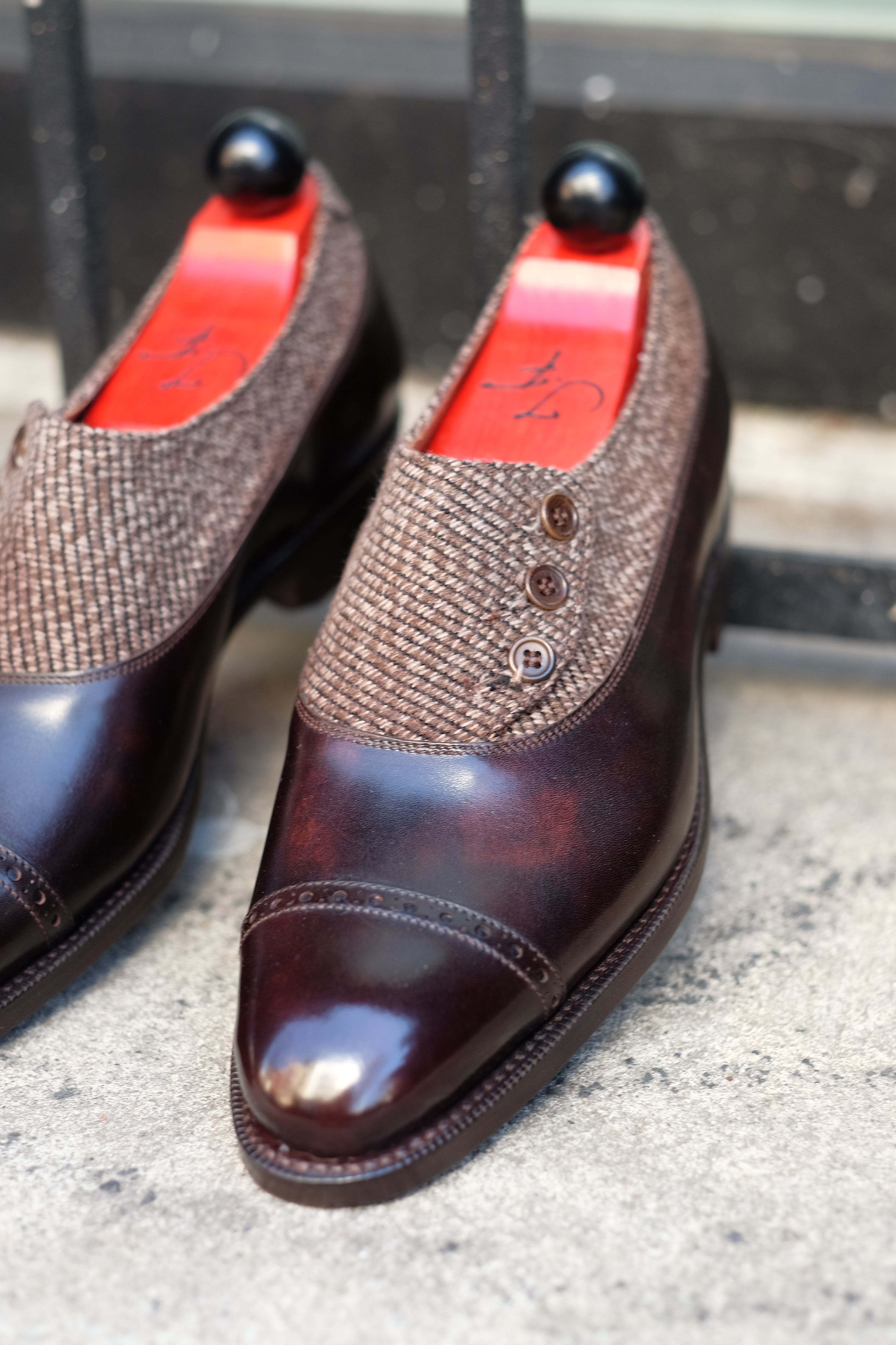 Kingston - MTO - Dark Brown Museum Calf / Brown Poulsbo - NGT Last - Single Leather Sole-Made To Order Button Shoe Plain Toe-J.FitzPatrick Footwear