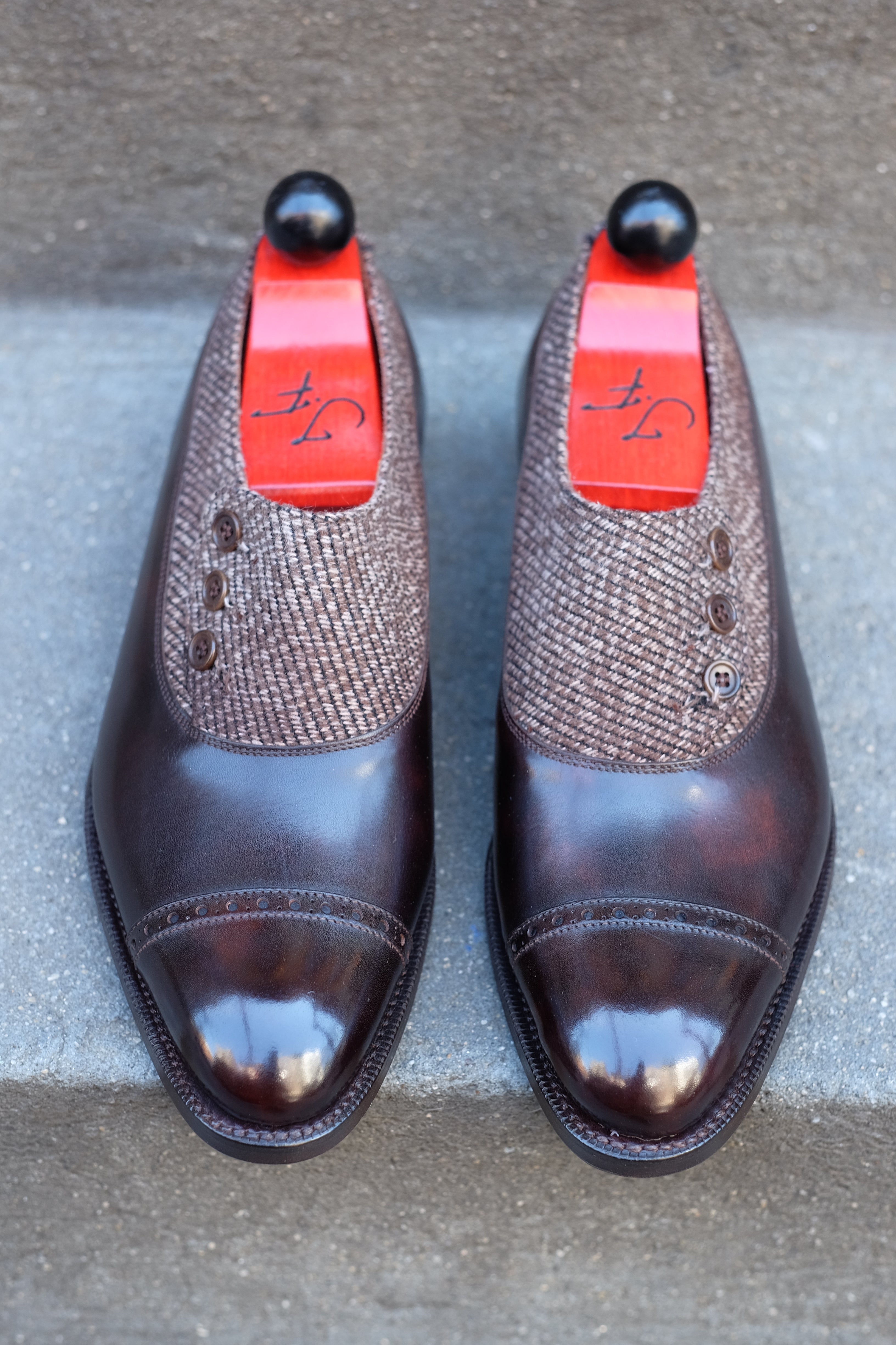 Kingston - MTO - Dark Brown Museum Calf / Brown Poulsbo - NGT Last - Single Leather Sole-Made To Order Button Shoe Plain Toe-J.FitzPatrick Footwear