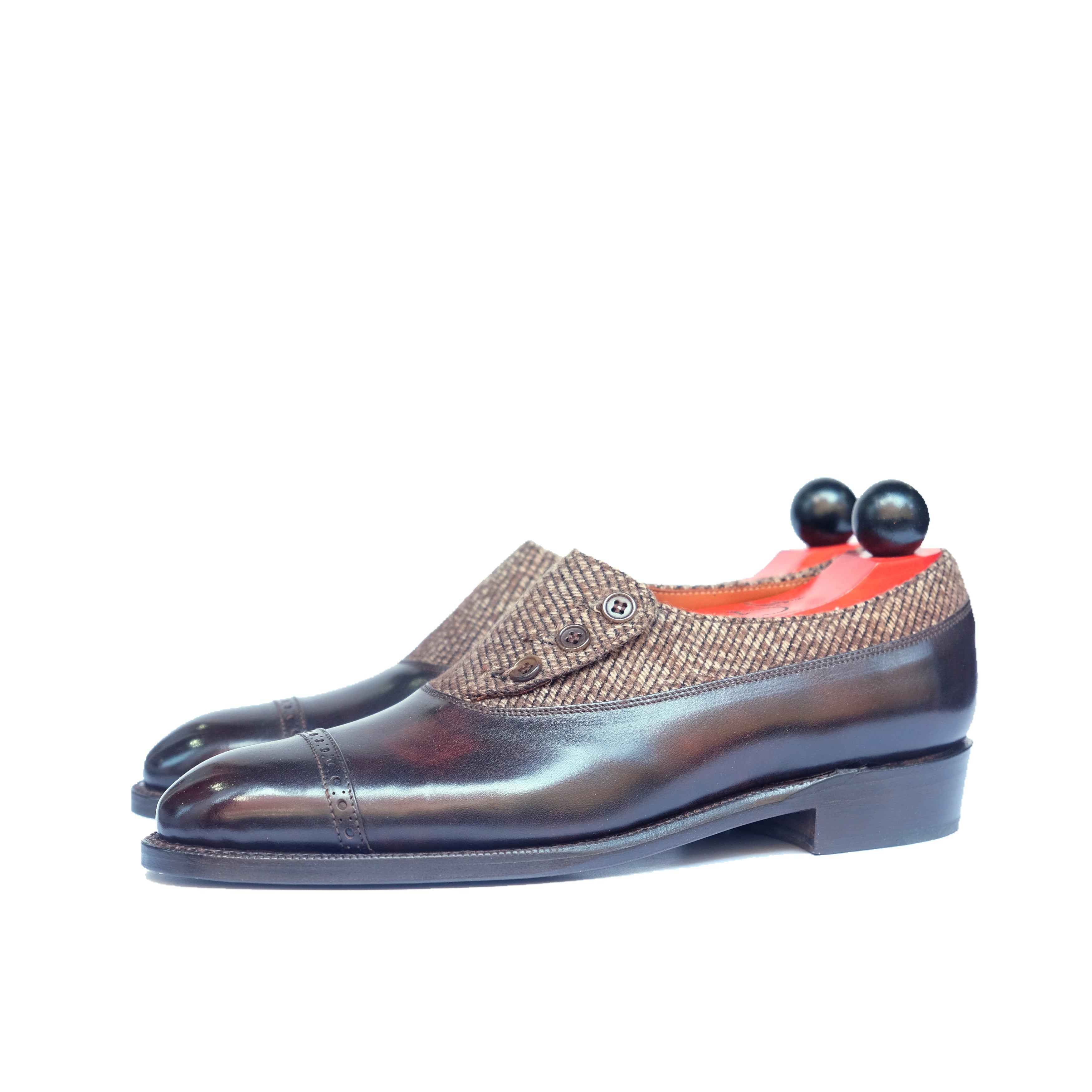 Kingston - MTO - Dark Brown Museum Calf / Brown Poulsbo - NGT Last - Single Leather Sole-Made To Order Button Shoe Plain Toe-J.FitzPatrick Footwear