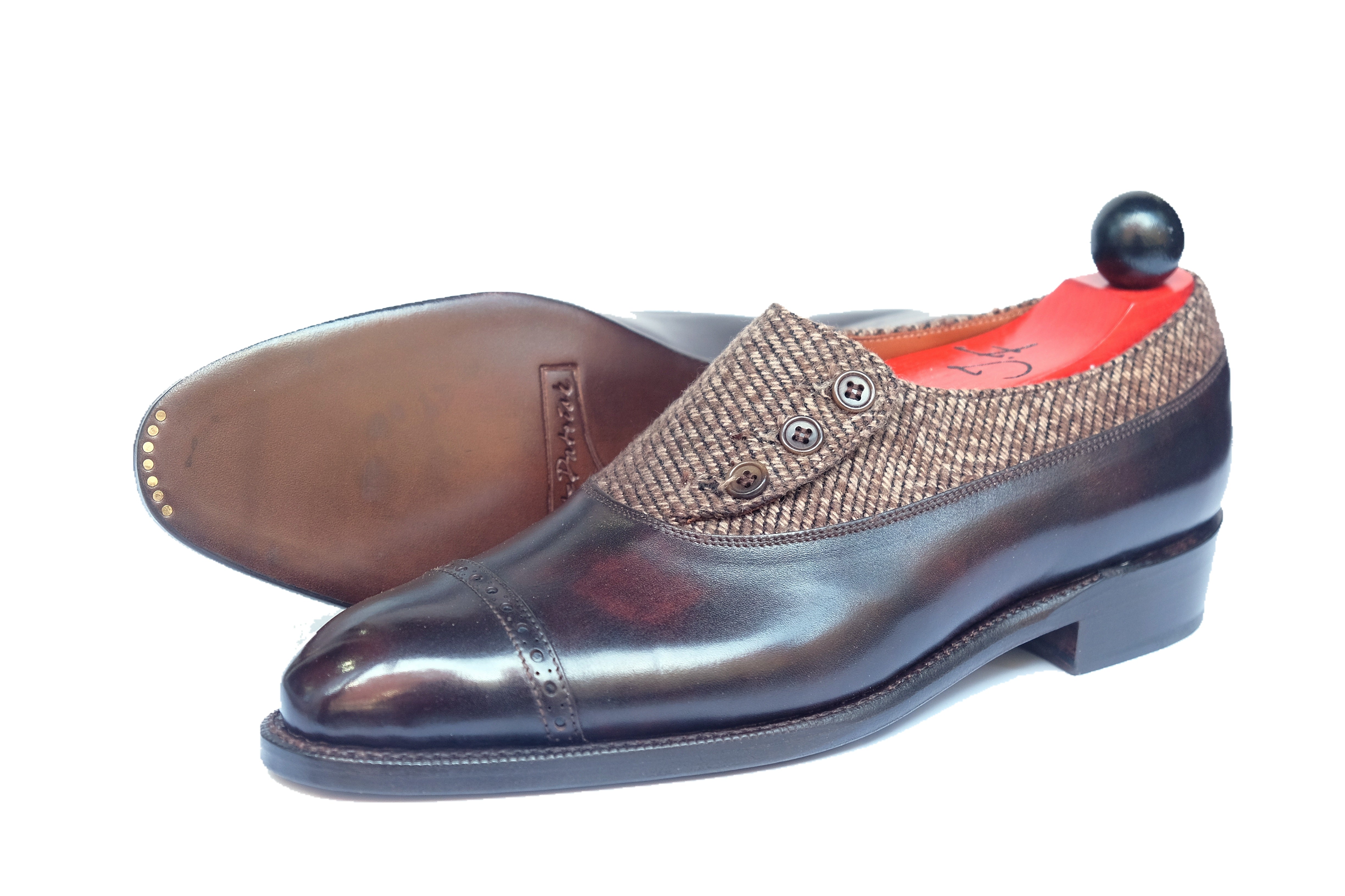Kingston - MTO - Dark Brown Museum Calf / Brown Poulsbo - NGT Last - Single Leather Sole-Made To Order Button Shoe Plain Toe-J.FitzPatrick Footwear