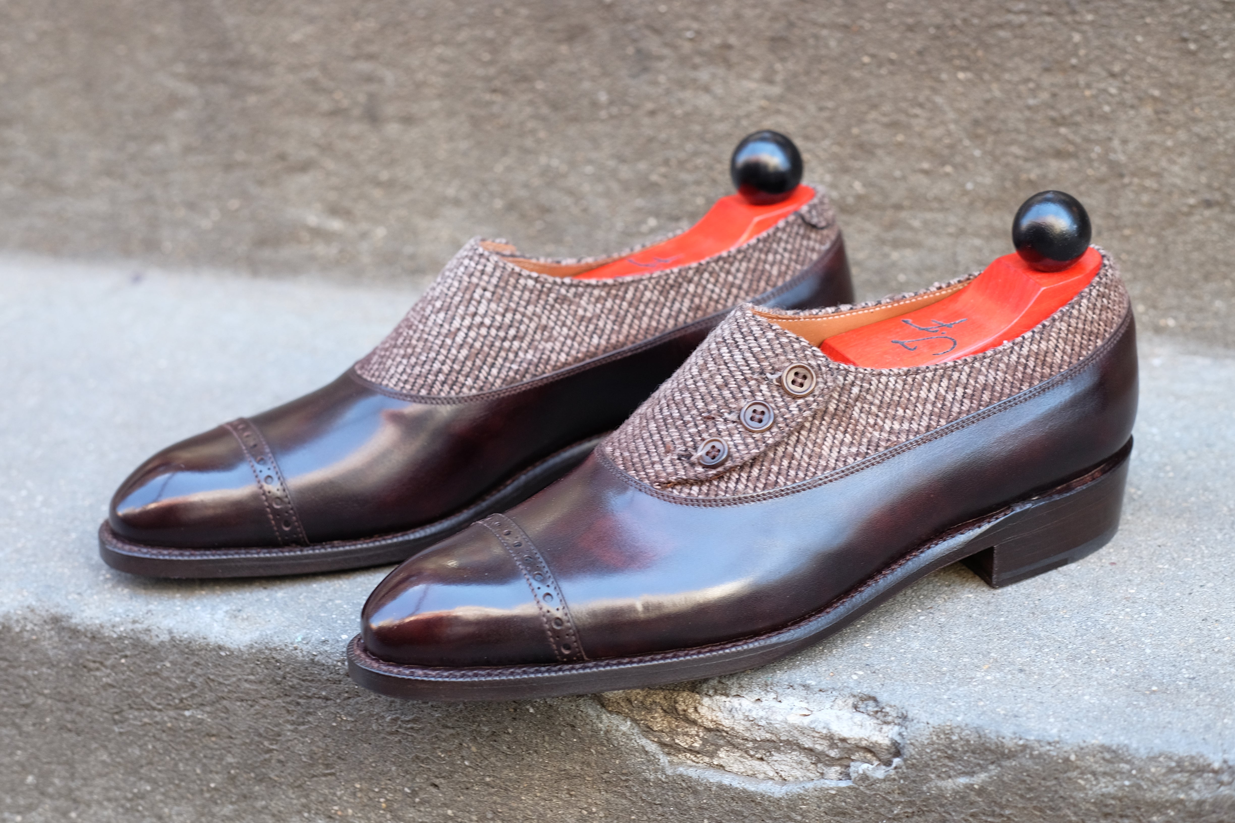 Kingston - MTO - Dark Brown Museum Calf / Brown Poulsbo - NGT Last - Single Leather Sole-Made To Order Button Shoe Plain Toe-J.FitzPatrick Footwear