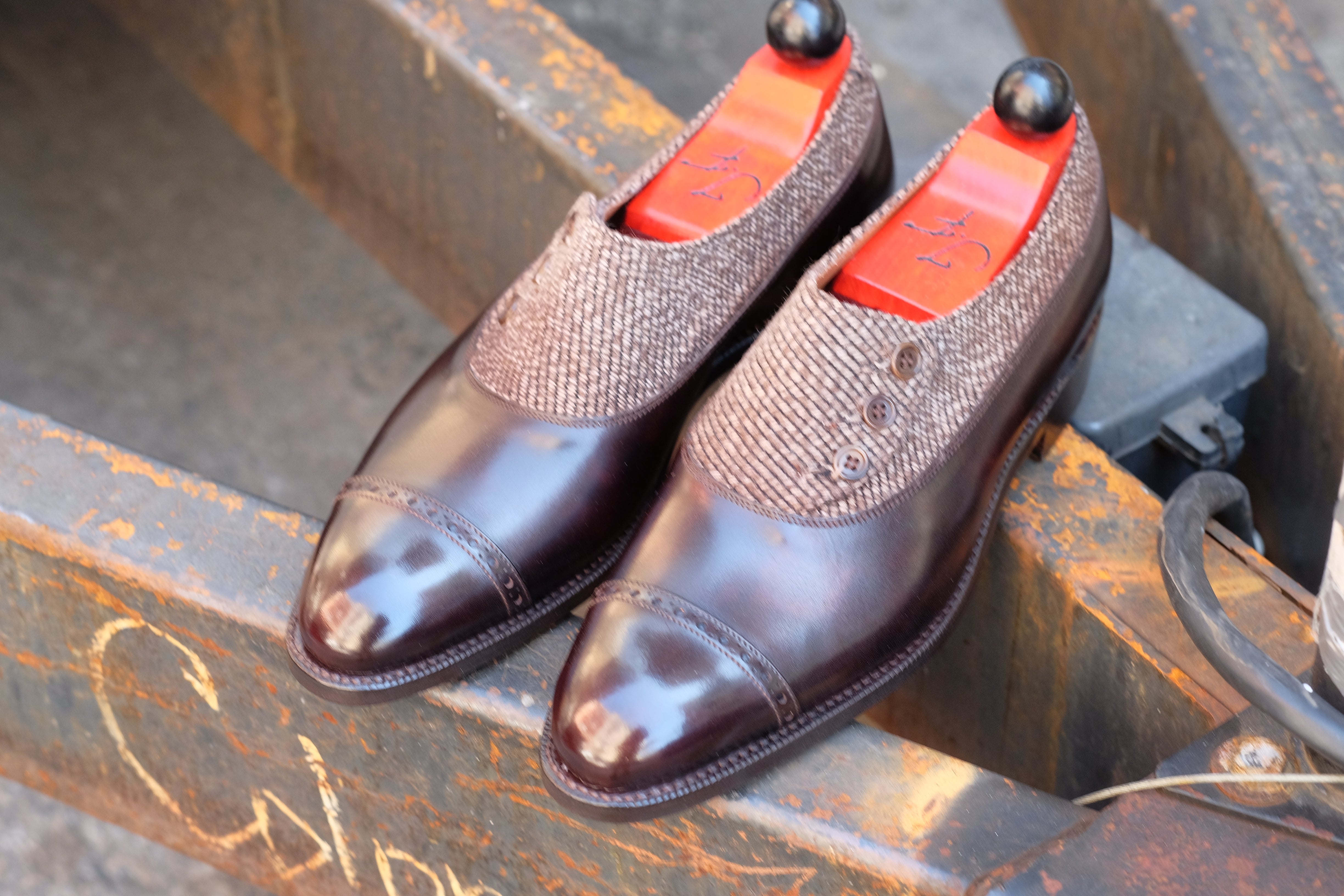 Kingston - MTO - Dark Brown Museum Calf / Brown Poulsbo - NGT Last - Single Leather Sole-Made To Order Button Shoe Plain Toe-J.FitzPatrick Footwear