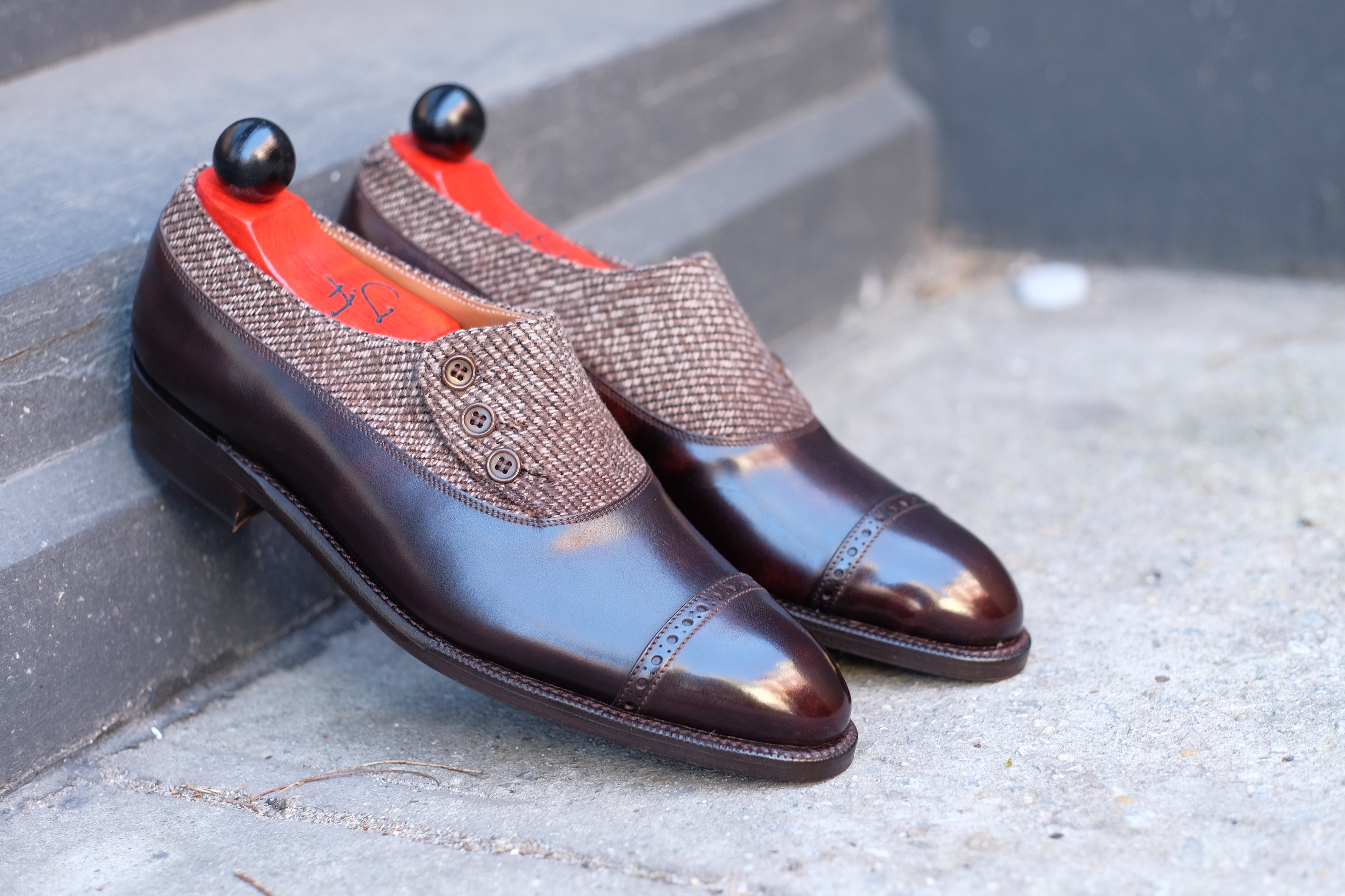 Kingston - MTO - Dark Brown Museum Calf / Brown Poulsbo - NGT Last - Single Leather Sole-Made To Order Button Shoe Plain Toe-J.FitzPatrick Footwear