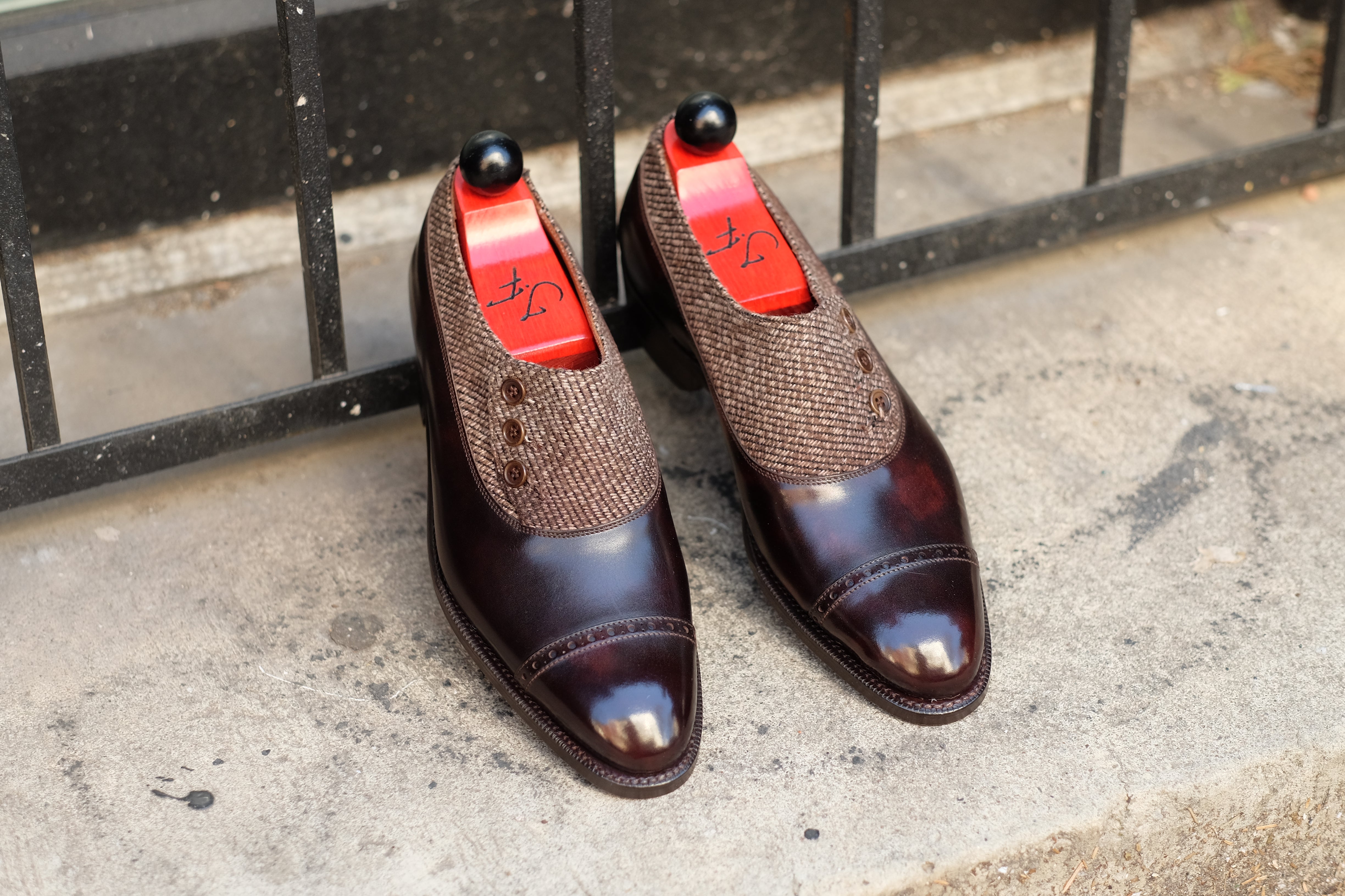 Kingston - MTO - Dark Brown Museum Calf / Brown Poulsbo - NGT Last - Single Leather Sole-Made To Order Button Shoe Plain Toe-J.FitzPatrick Footwear