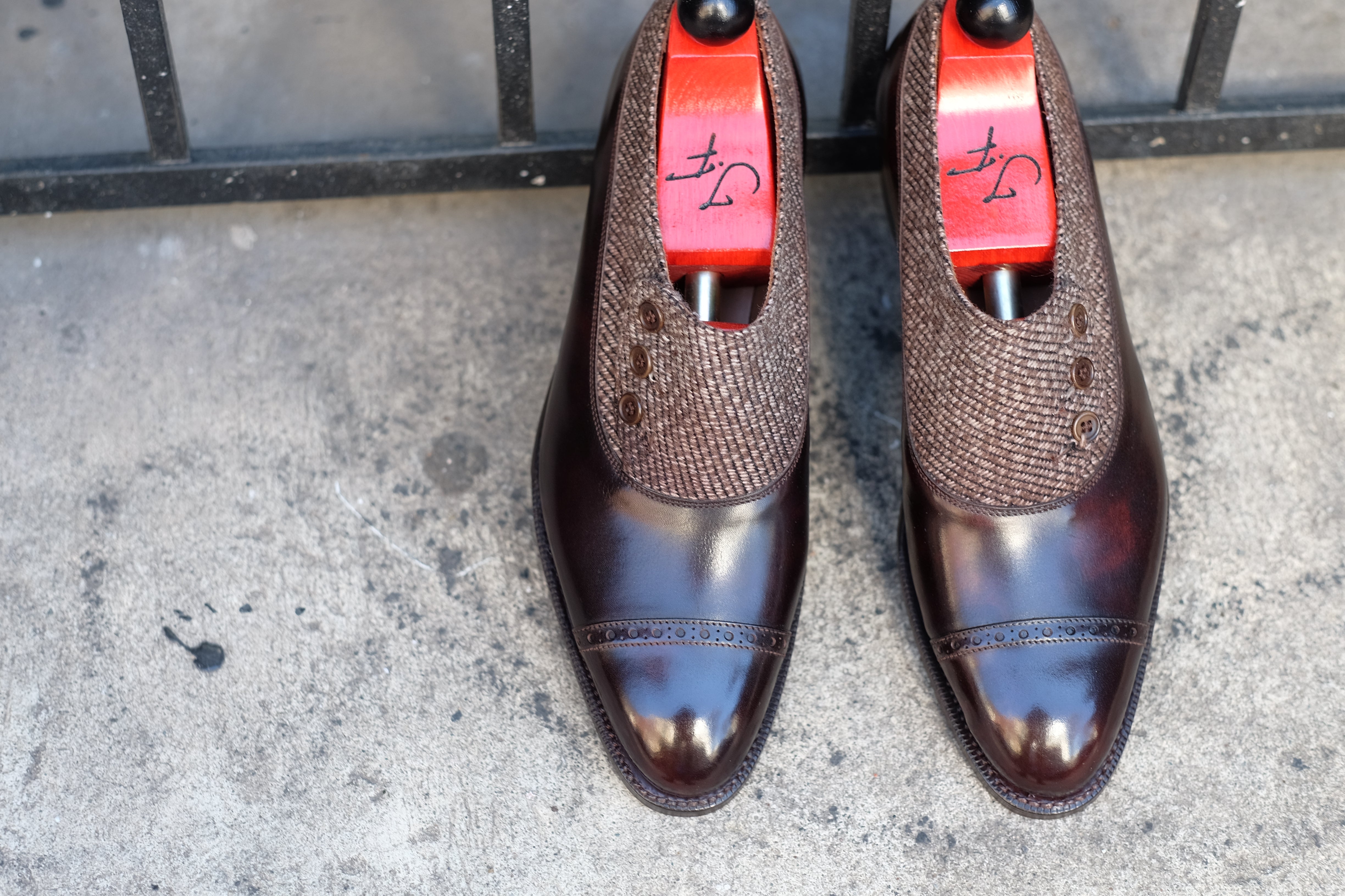 Kingston - MTO - Dark Brown Museum Calf / Brown Poulsbo - NGT Last - Single Leather Sole-Made To Order Button Shoe Plain Toe-J.FitzPatrick Footwear