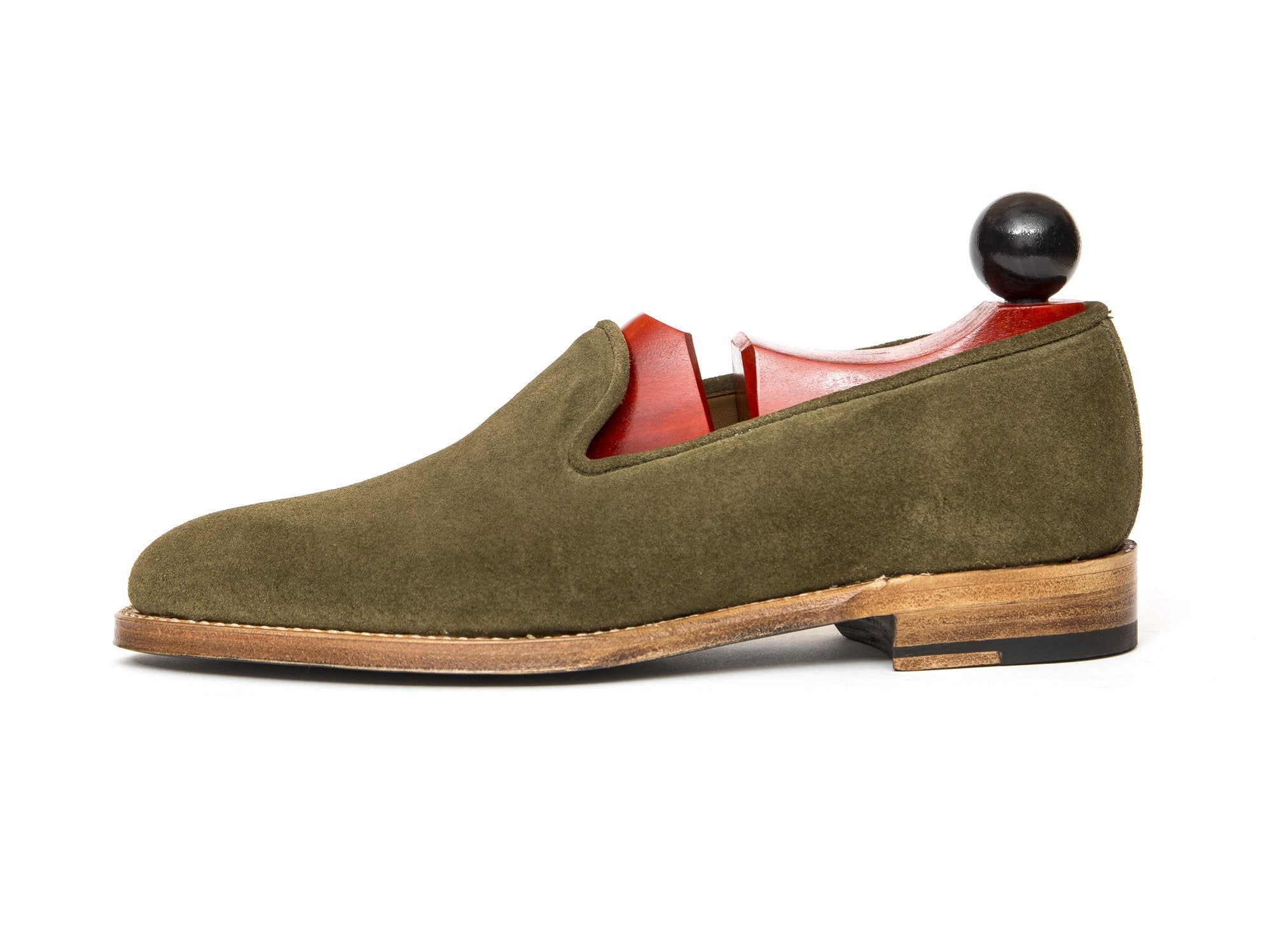 Laurelhurst II - MTO - Olive Suede - TMG Last - Natural Single Leather Sole-Made To Order Slipper Loafer Medallion-J.FitzPatrick Footwear