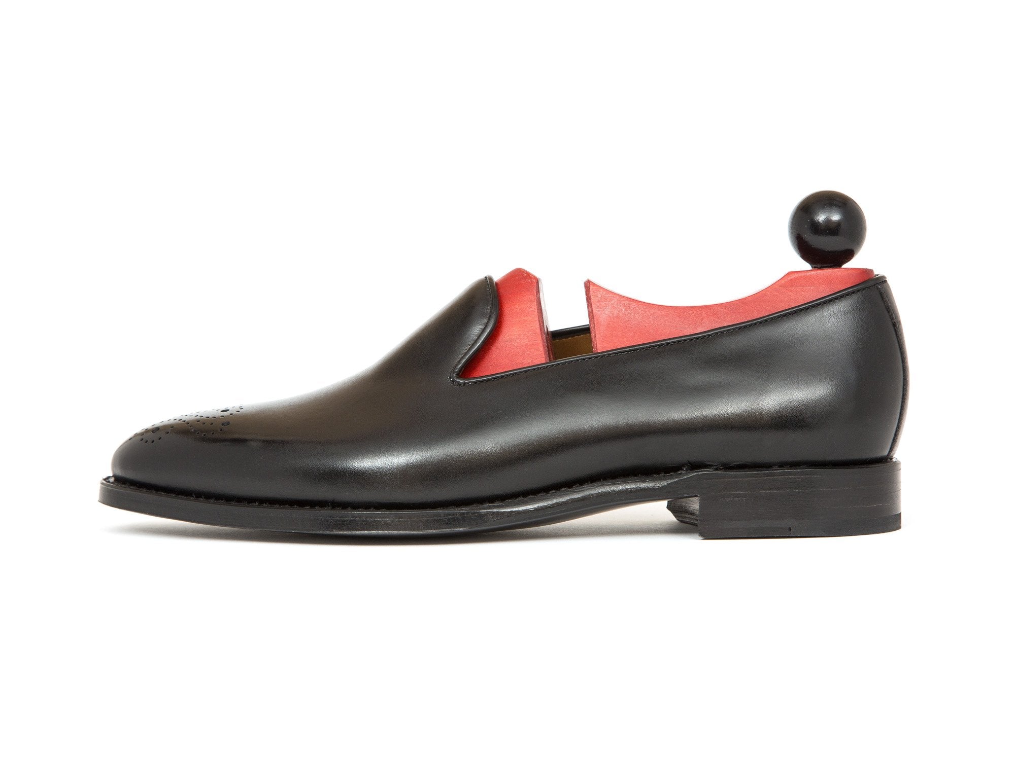 Laurelhurst - MTO - Black Calf - TMG Last - Single Leather Sole-Made To Order Slipper Loafer Medallion-J.FitzPatrick Footwear