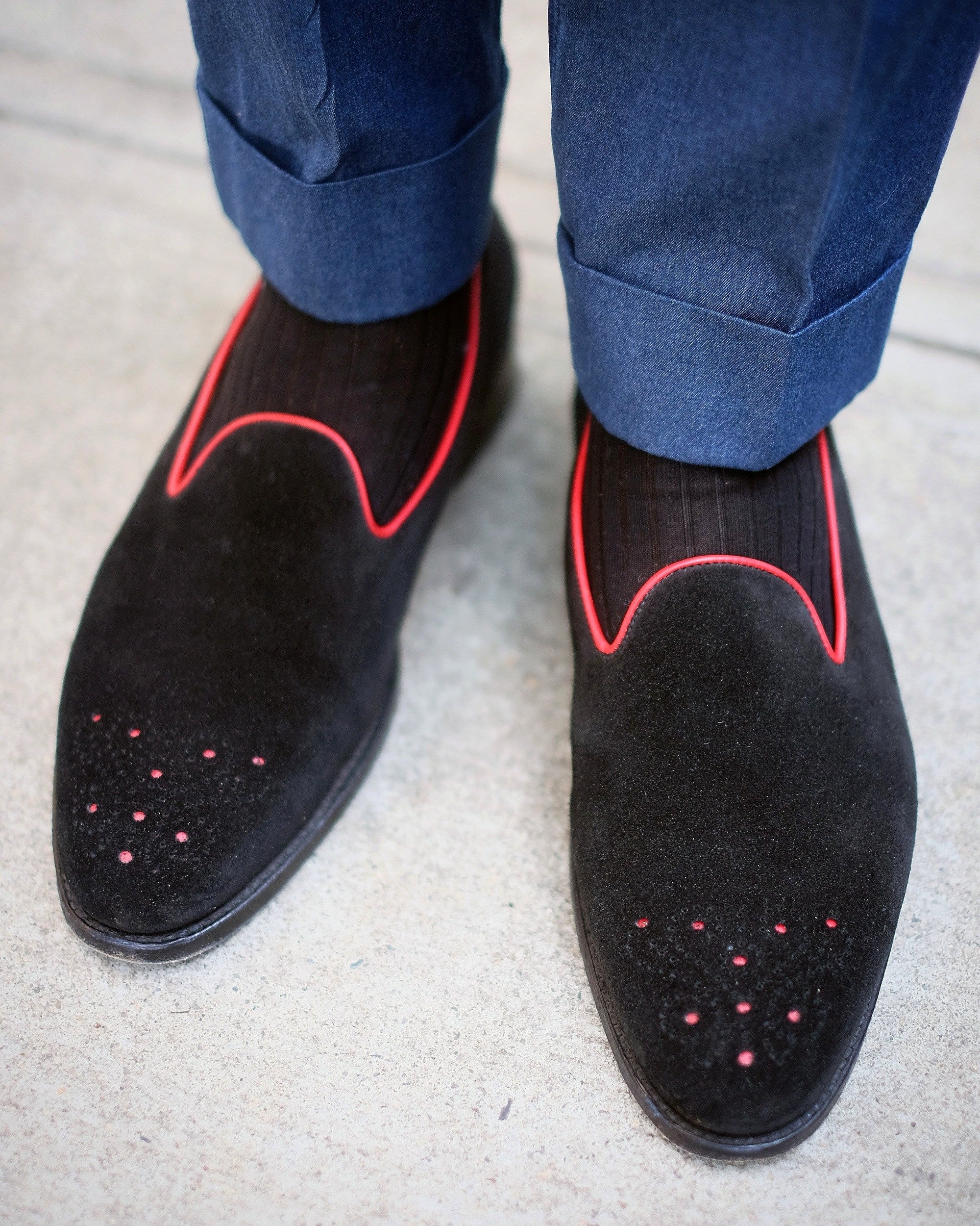 Laurelhurst - MTO - Black Suede / Red Piping - TMG Last - Single Leather Sole-Made To Order Slipper Loafer Medallion-J.FitzPatrick Footwear