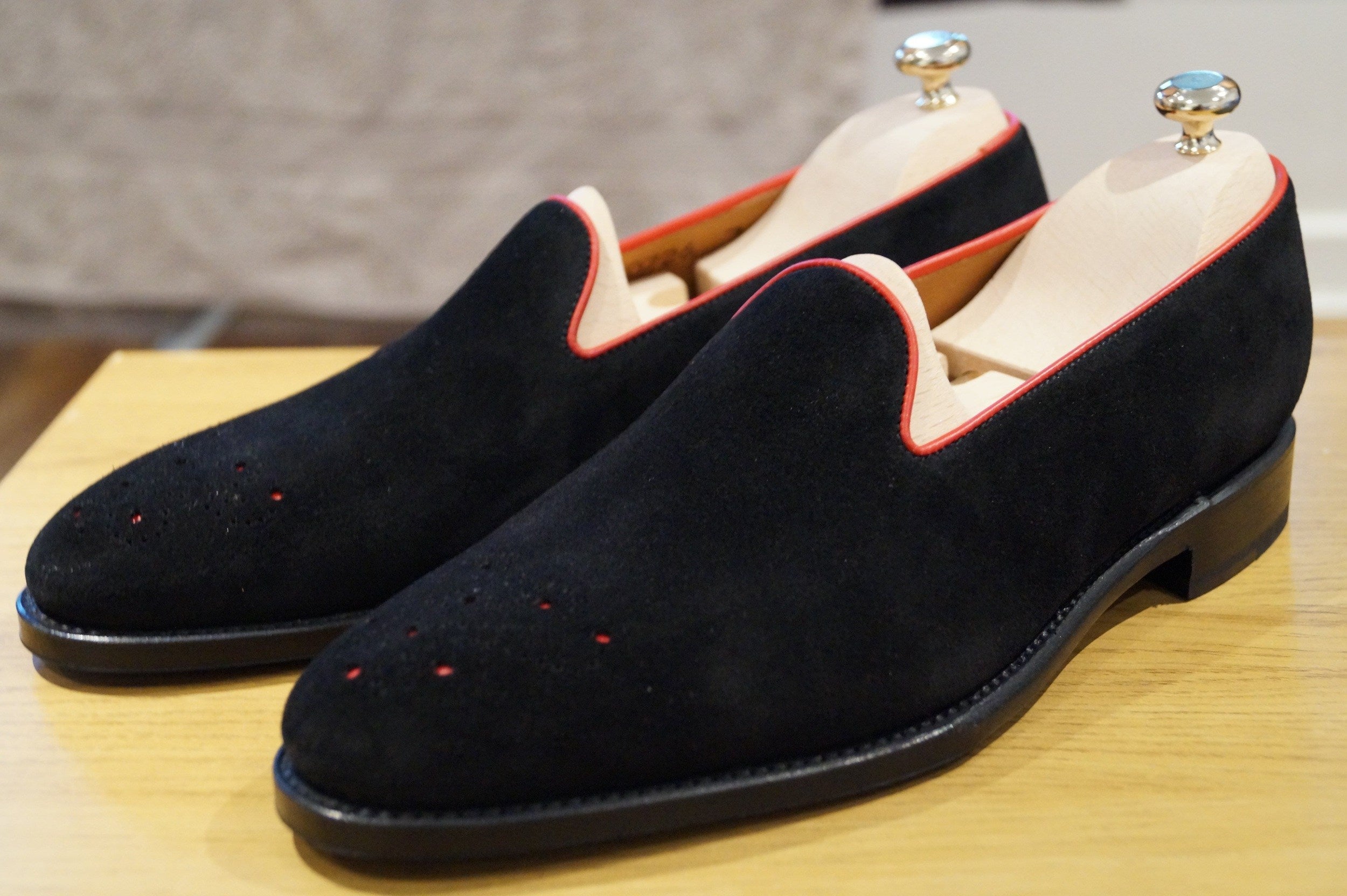 Laurelhurst - MTO - Black Suede / Red Piping - TMG Last - Single Leather Sole-Made To Order Slipper Loafer Medallion-J.FitzPatrick Footwear