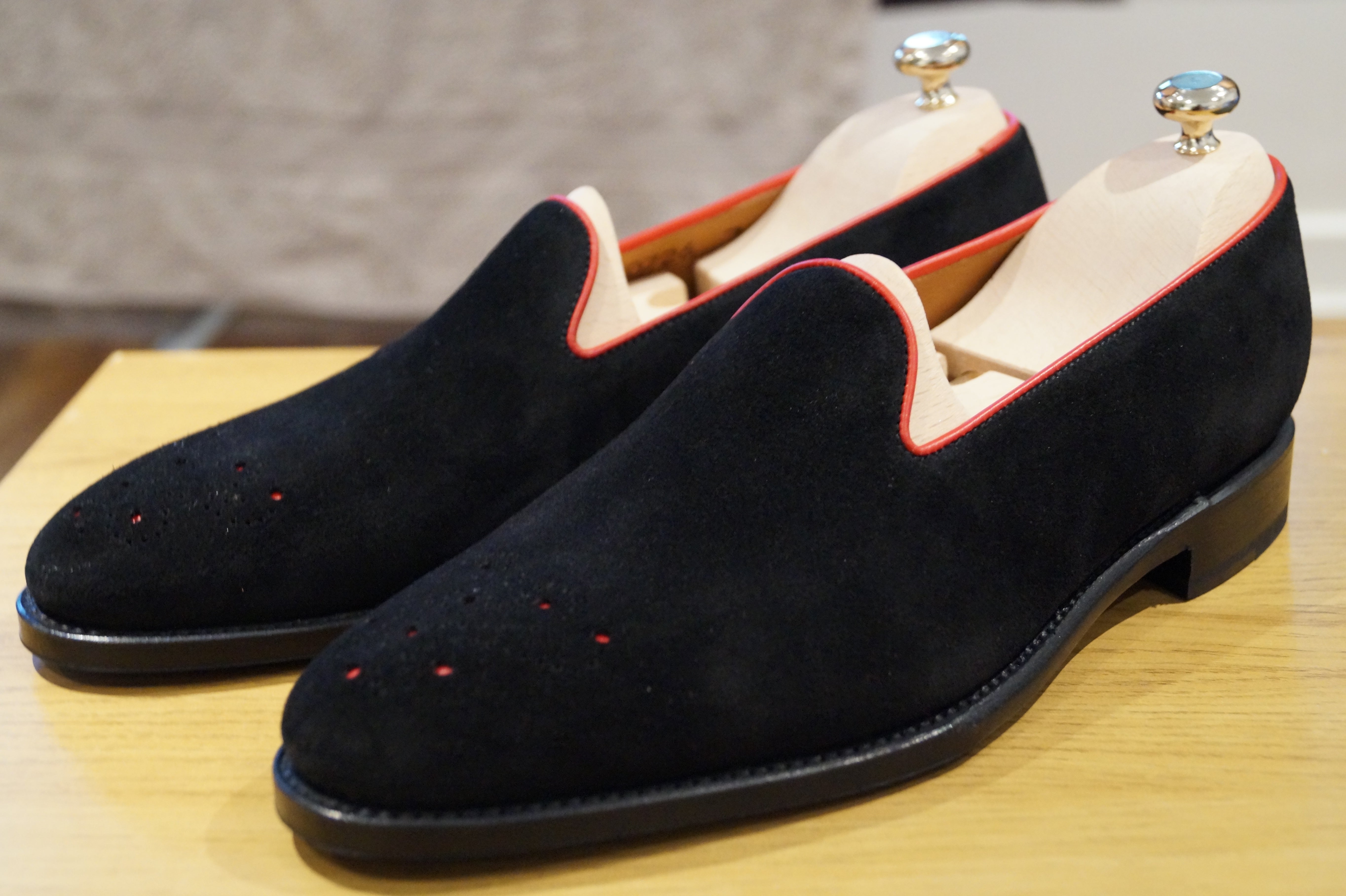 Laurelhurst - MTO - Black Suede / Red Piping - TMG Last - Single Leather Sole-Made To Order Slipper Loafer Medallion-J.FitzPatrick Footwear