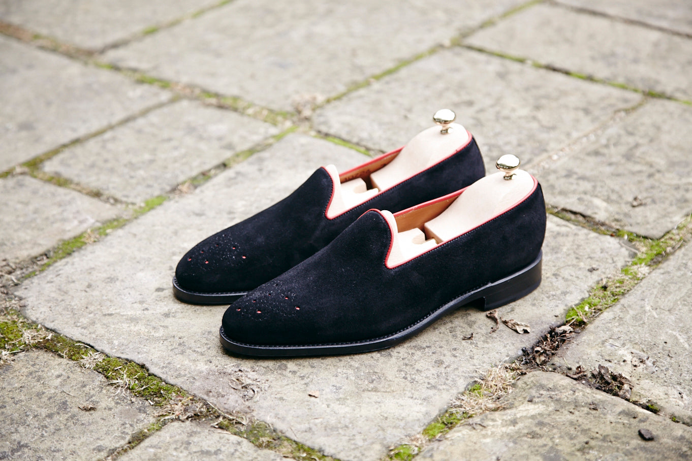 Laurelhurst - MTO - Black Suede / Red Piping - TMG Last - Single Leather Sole-Made To Order Slipper Loafer Medallion-J.FitzPatrick Footwear