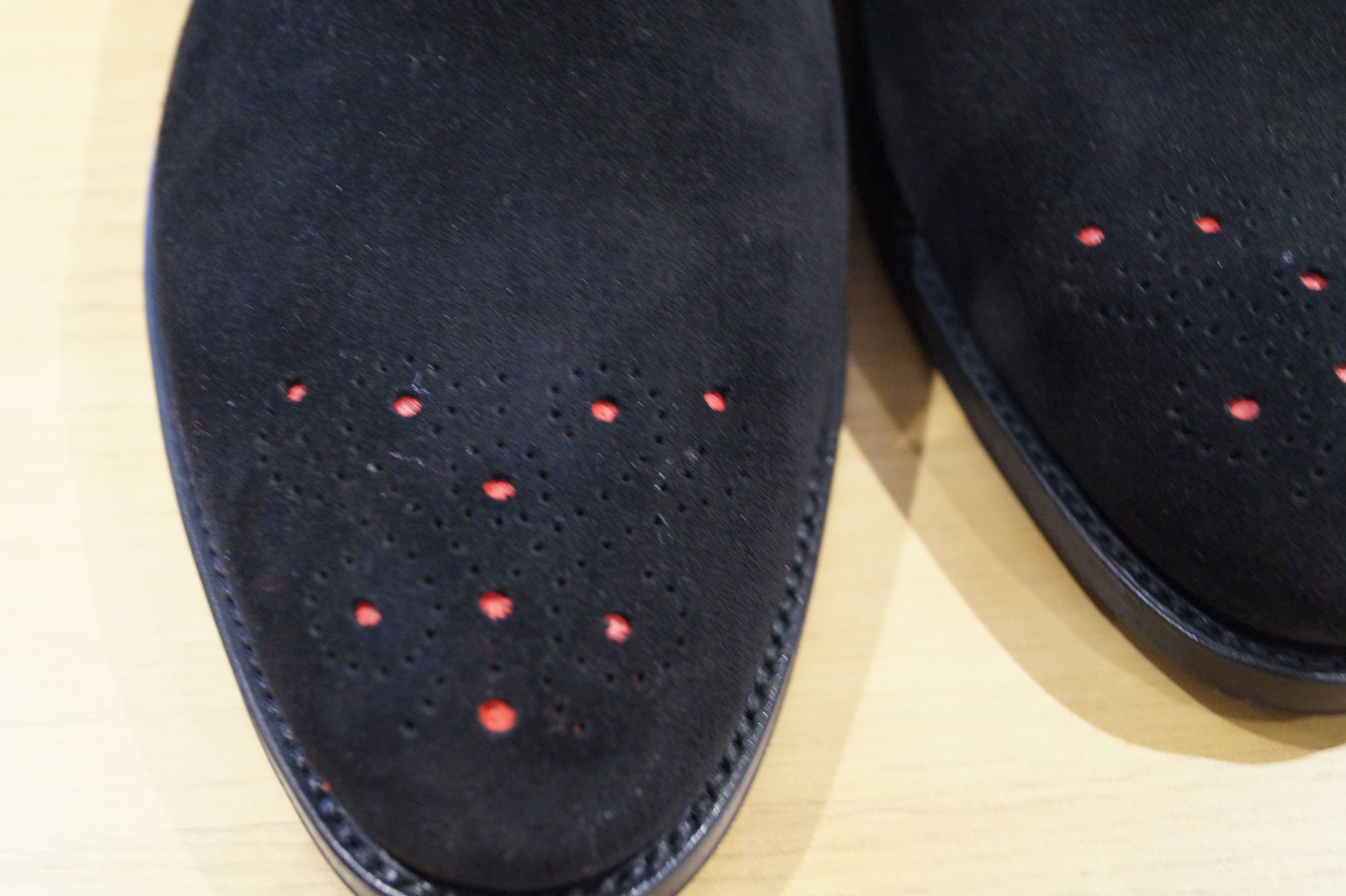 Laurelhurst - MTO - Black Suede / Red Piping - TMG Last - Single Leather Sole-Made To Order Slipper Loafer Medallion-J.FitzPatrick Footwear