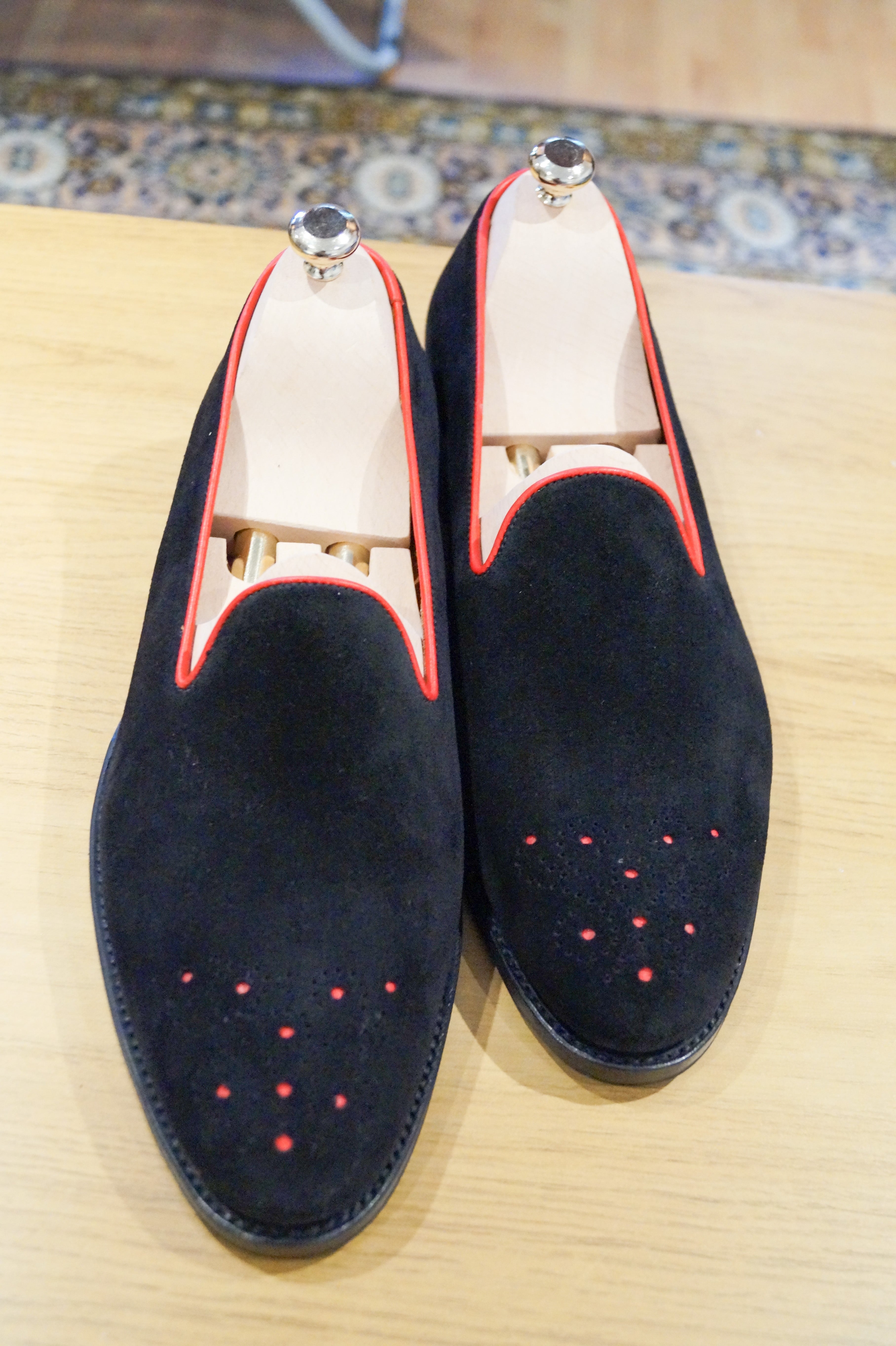 Laurelhurst - MTO - Black Suede / Red Piping - TMG Last - Single Leather Sole-Made To Order Slipper Loafer Medallion-J.FitzPatrick Footwear