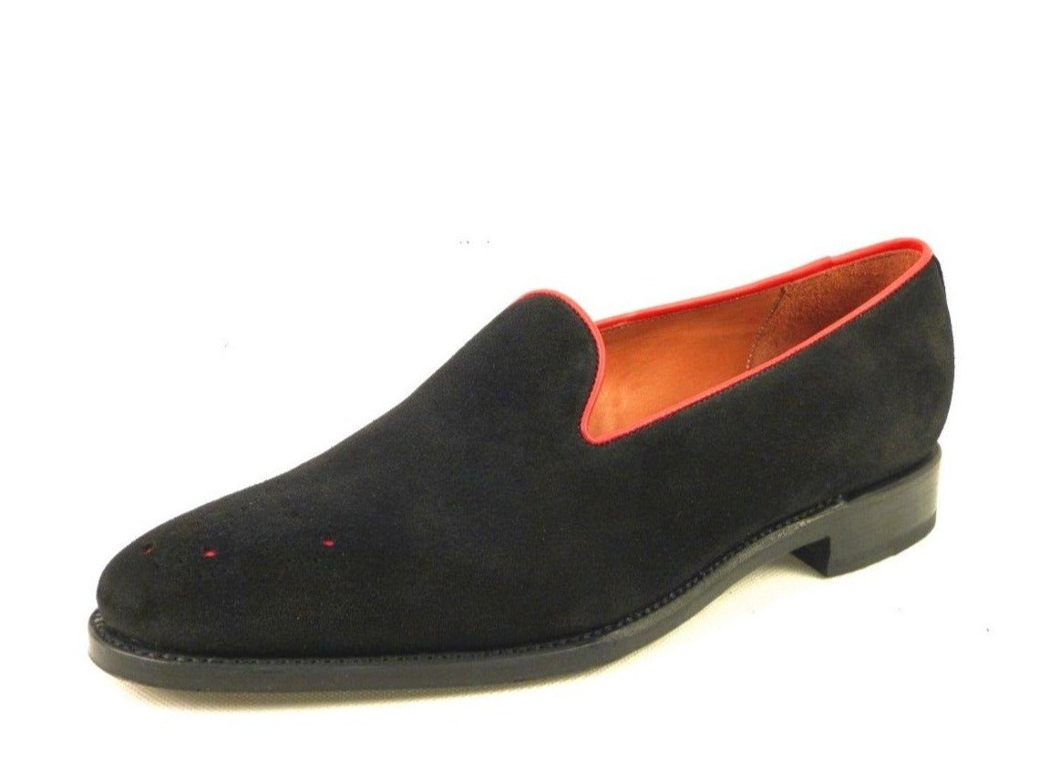 Laurelhurst - MTO - Black Suede / Red Piping - TMG Last - Single Leather Sole-Made To Order Slipper Loafer Medallion-J.FitzPatrick Footwear